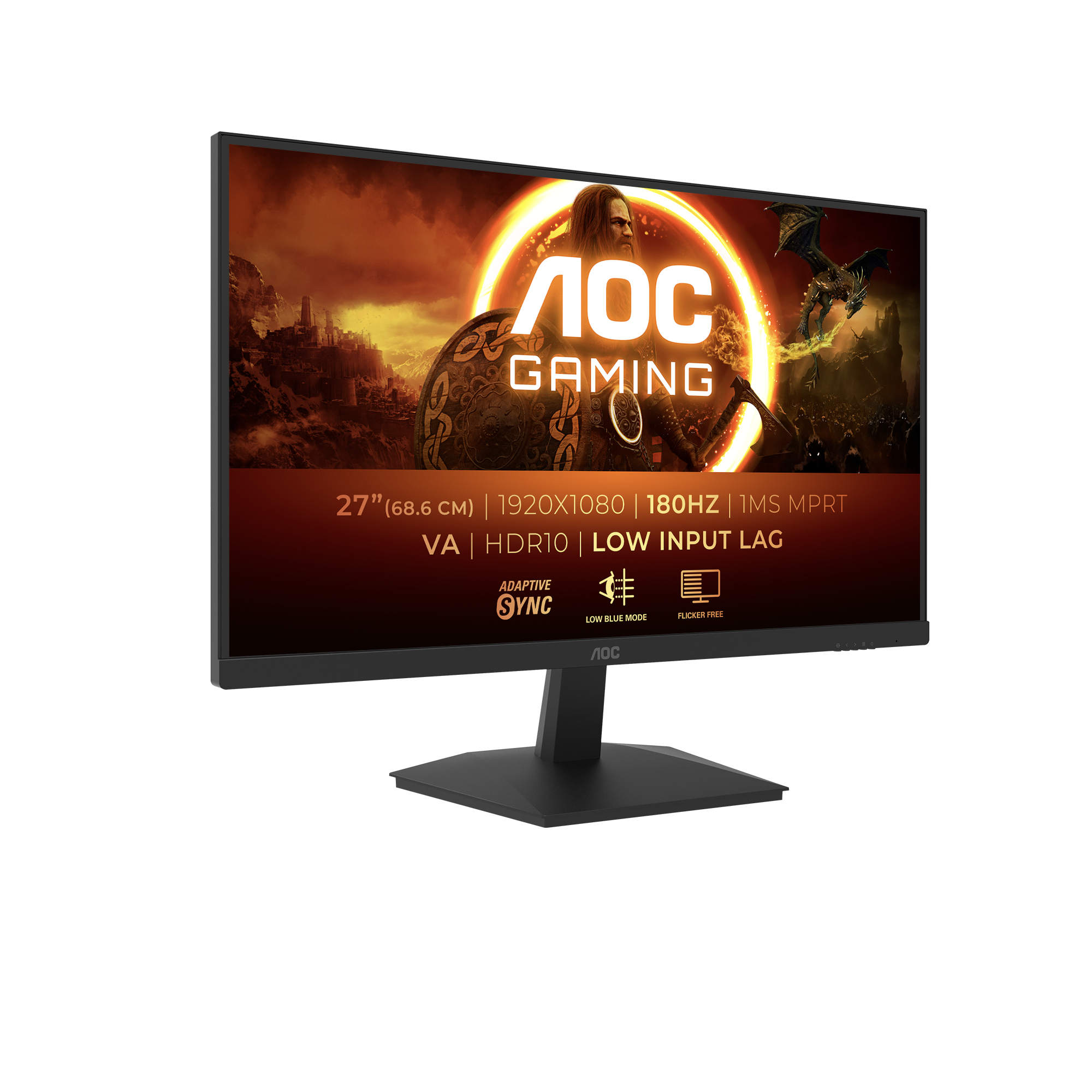 Monitor gaming AOC con texto y gráficos, marco negro y soporte negro.