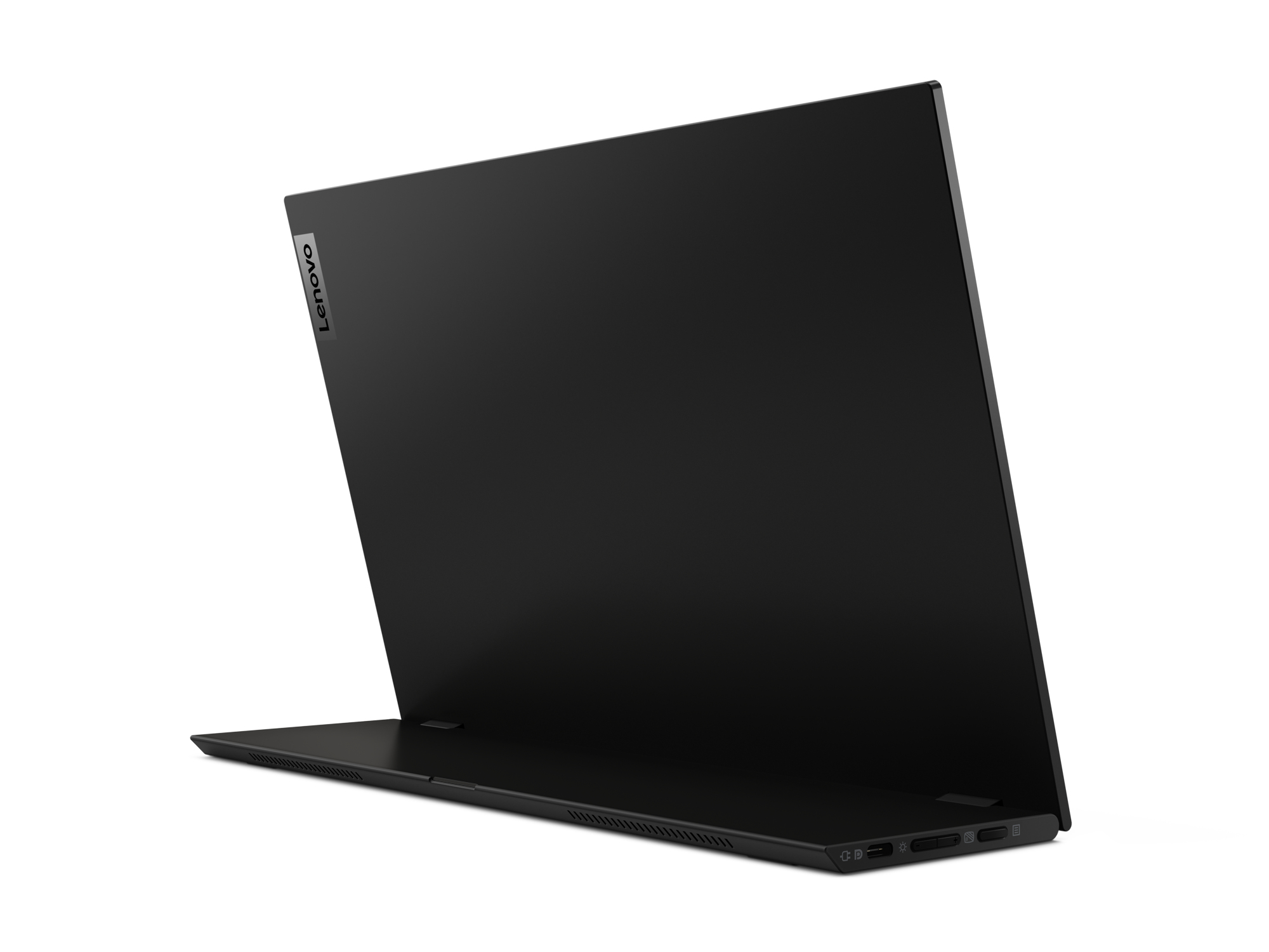 Czarny laptop Lenovo, otwarty pod kątem, widoczne logo Lenovo. Białe tło.