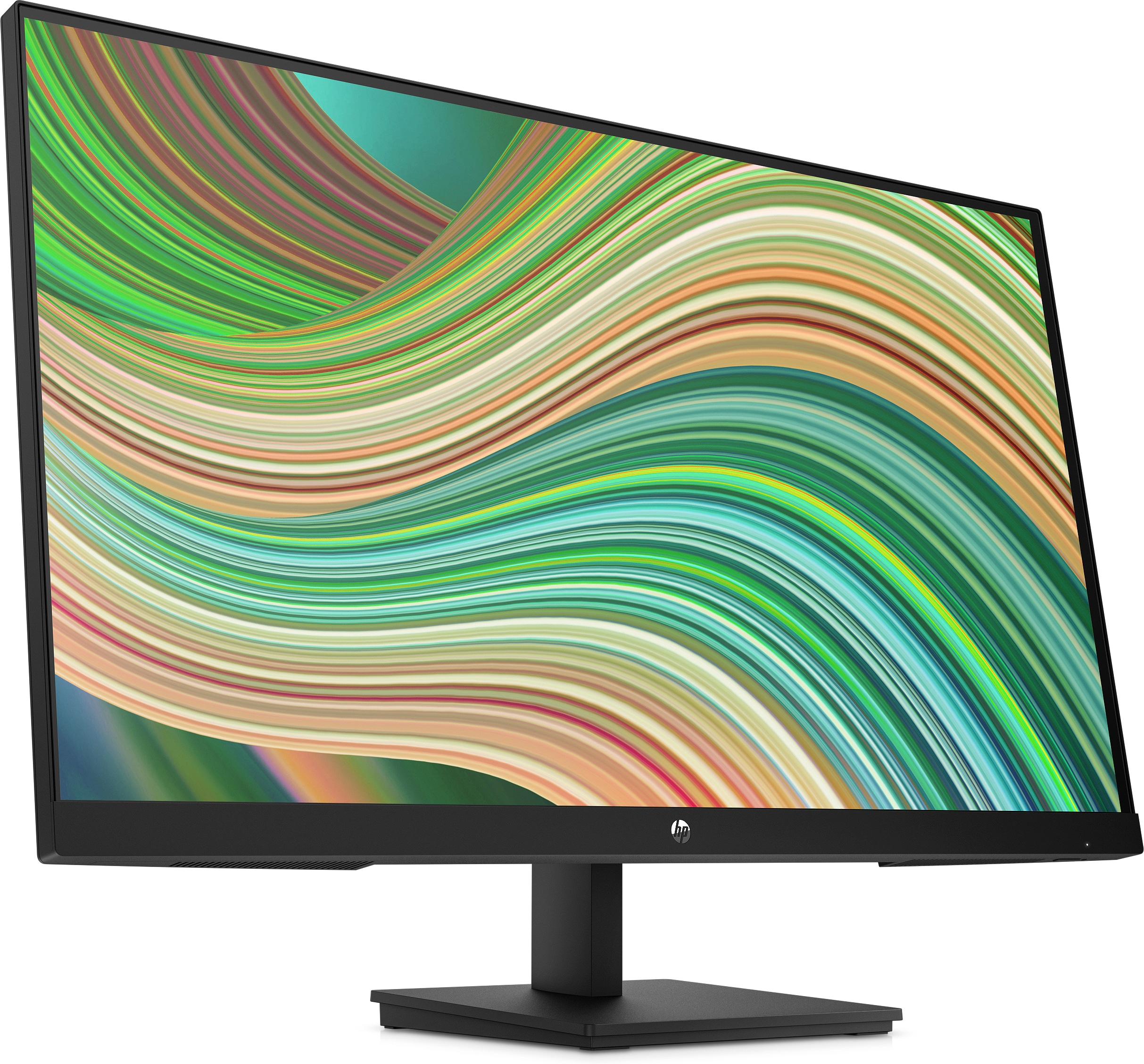 Monitor HP nero con sfondo astratto colorato, su supporto nero.