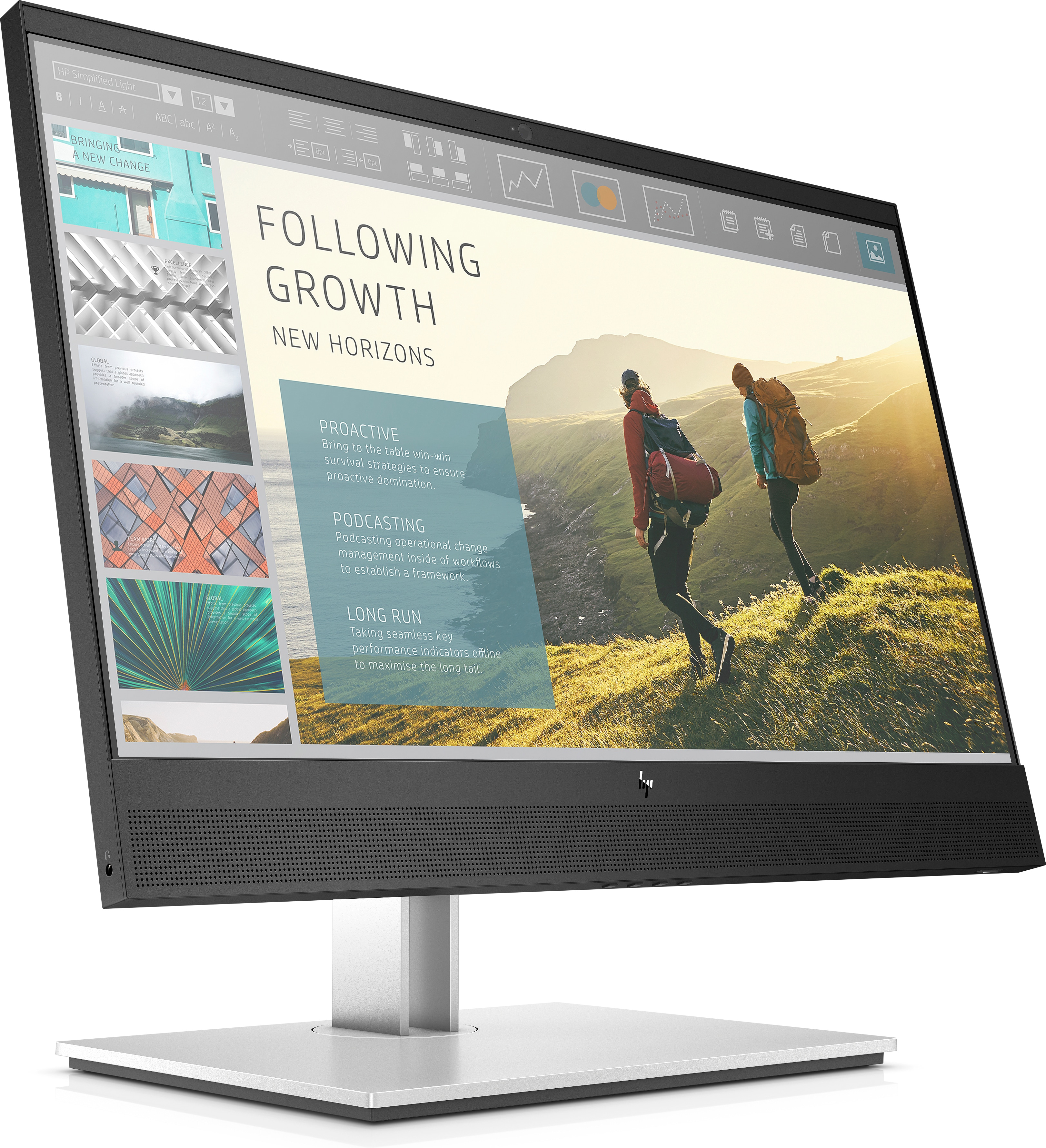 Een grote computermonitor met een presentatie over 'Following Growth' met mensen die lopen.