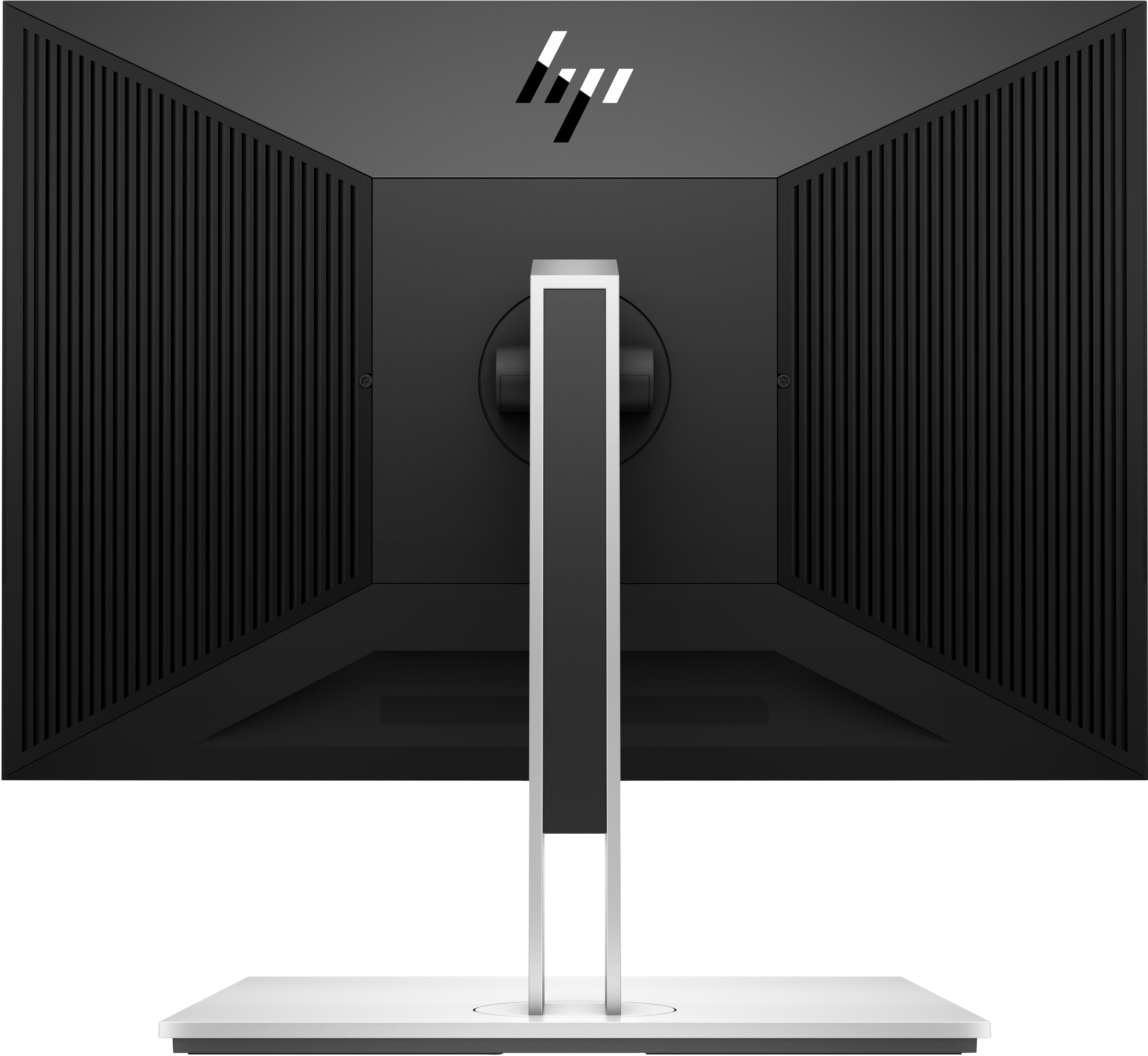 Achterkant van een zwarte en zilveren computermonitor met ventilatie en een standaard.