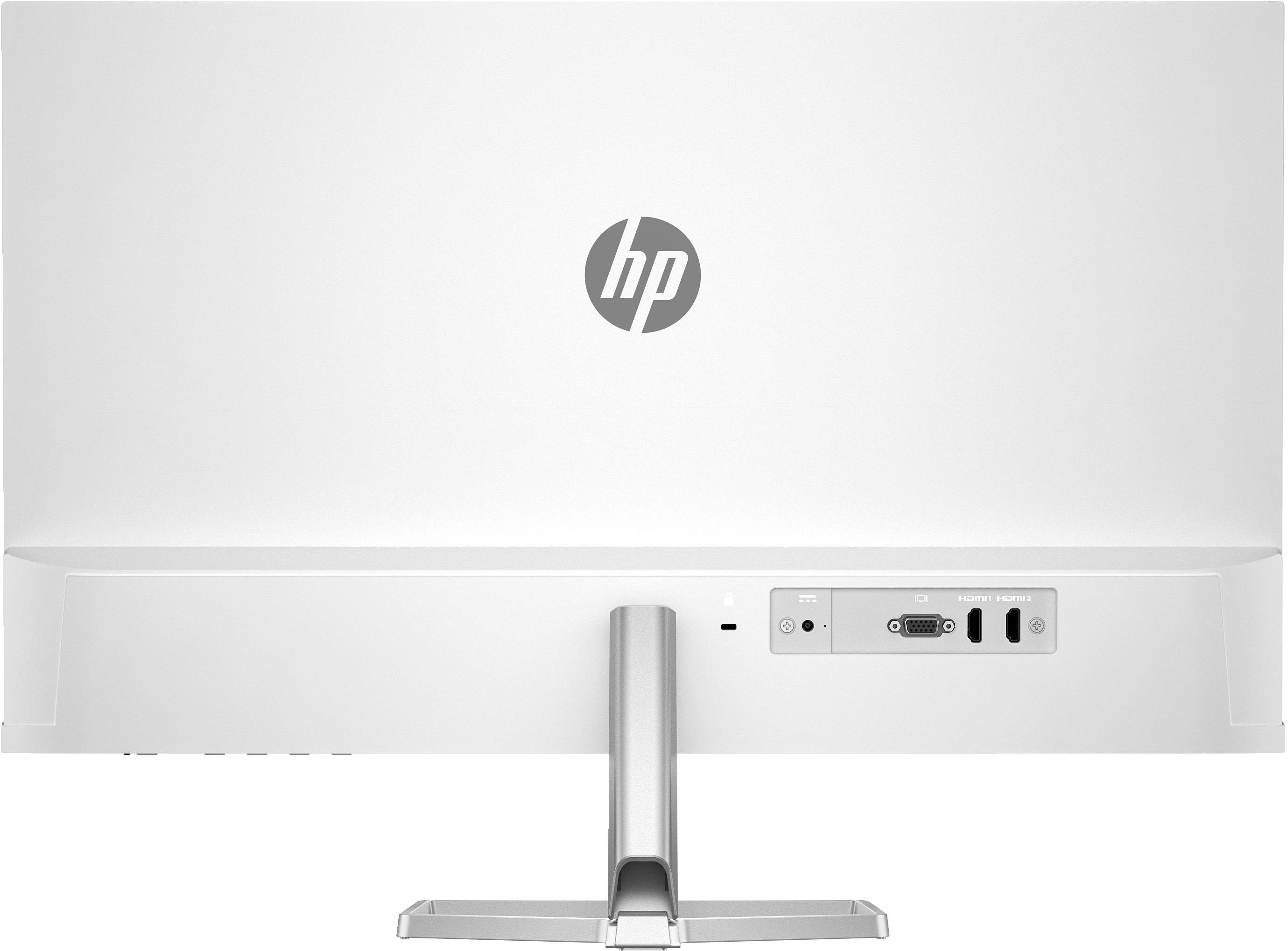 Tył białego monitora HP z portami, podstawką i logo HP.