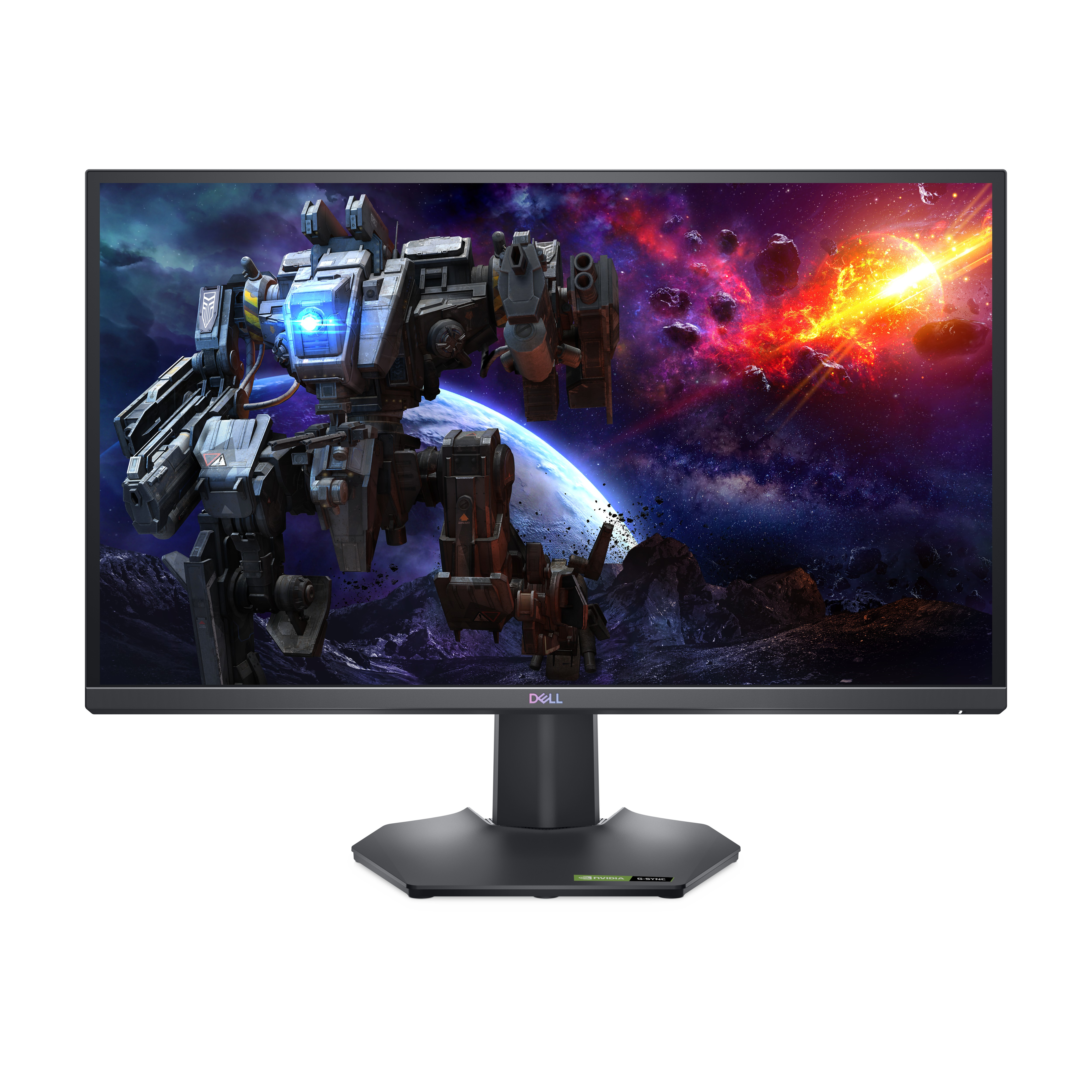 Un monitor Dell che mostra una scena futuristica con un mech e pianeti nello spazio con uno sfondo bianco.