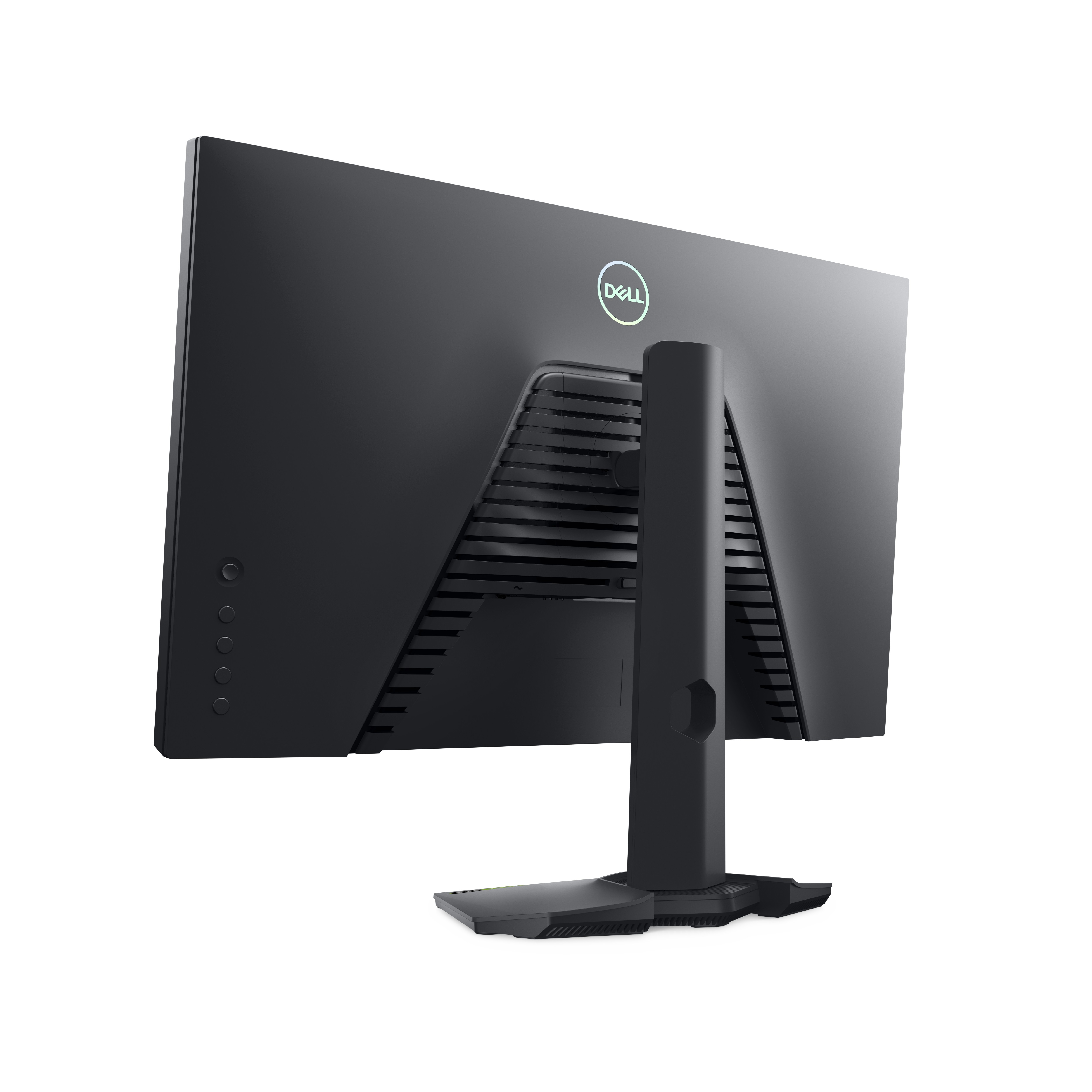 Vista posteriore di un monitor nero con supporto nero. Sfondo bianco.