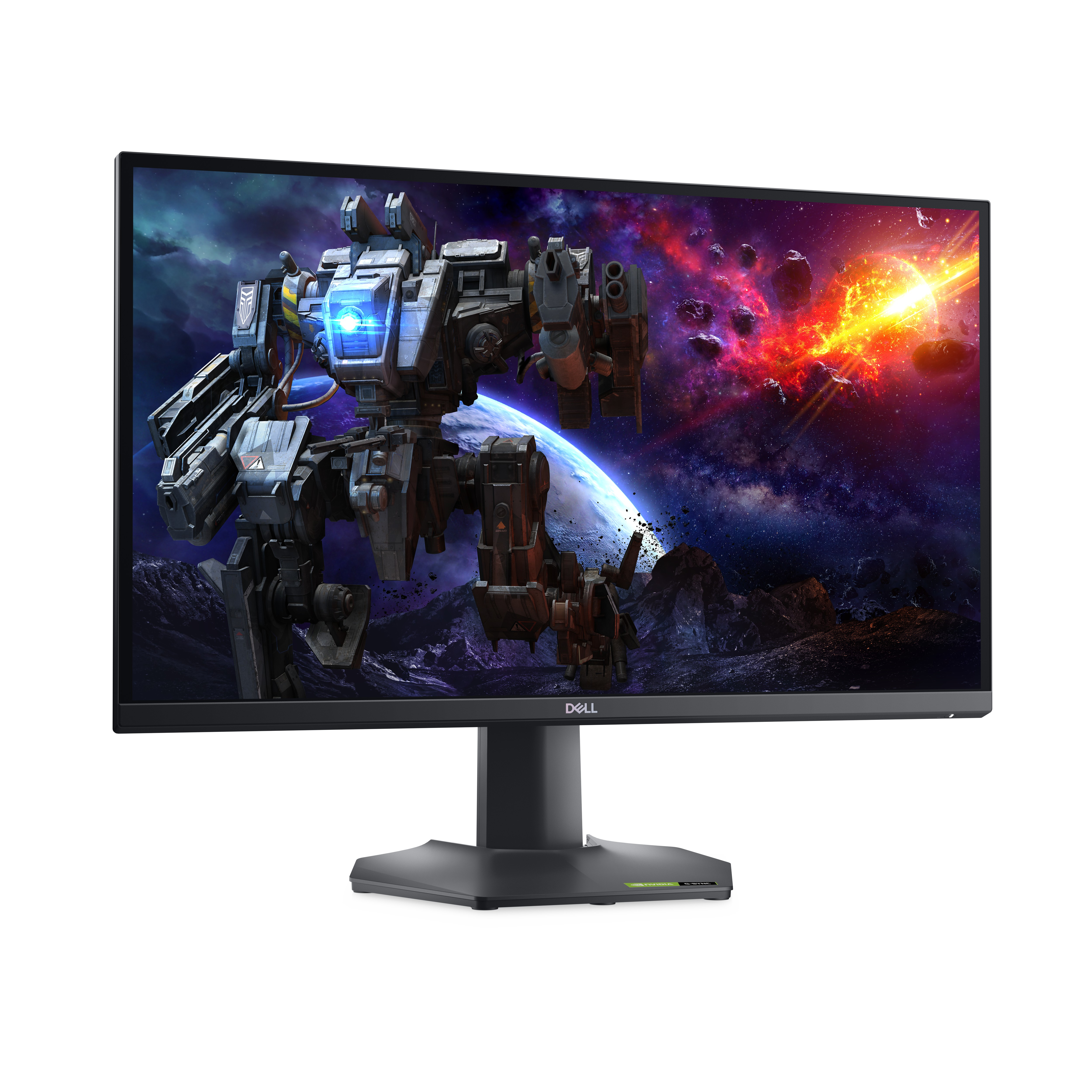 Monitor da gioco Dell che mostra un robot mech in una scena di battaglia spaziale.