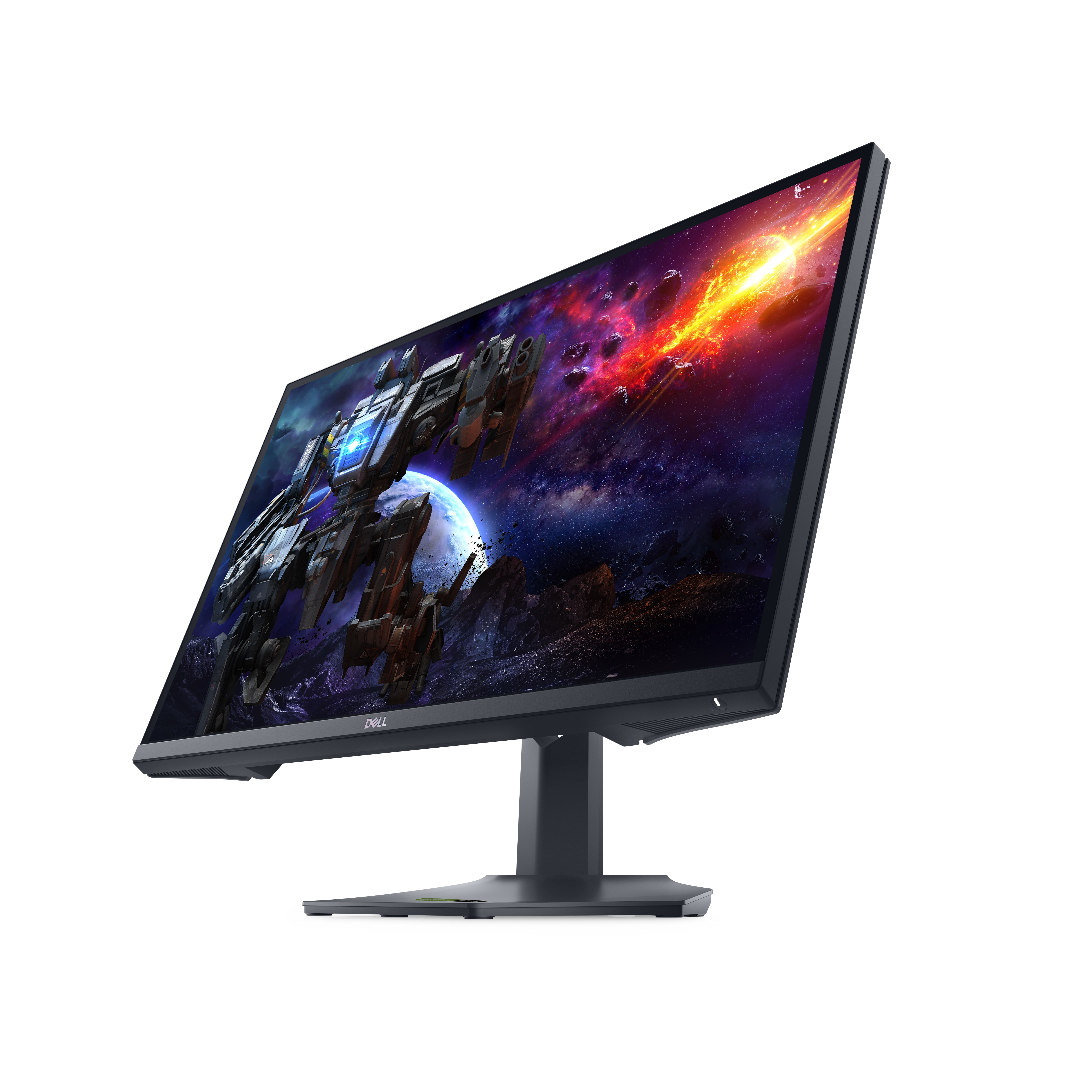 Un monitor Dell nero mostra una scena spaziale. Il monitor è angolato e ha un supporto nero.
