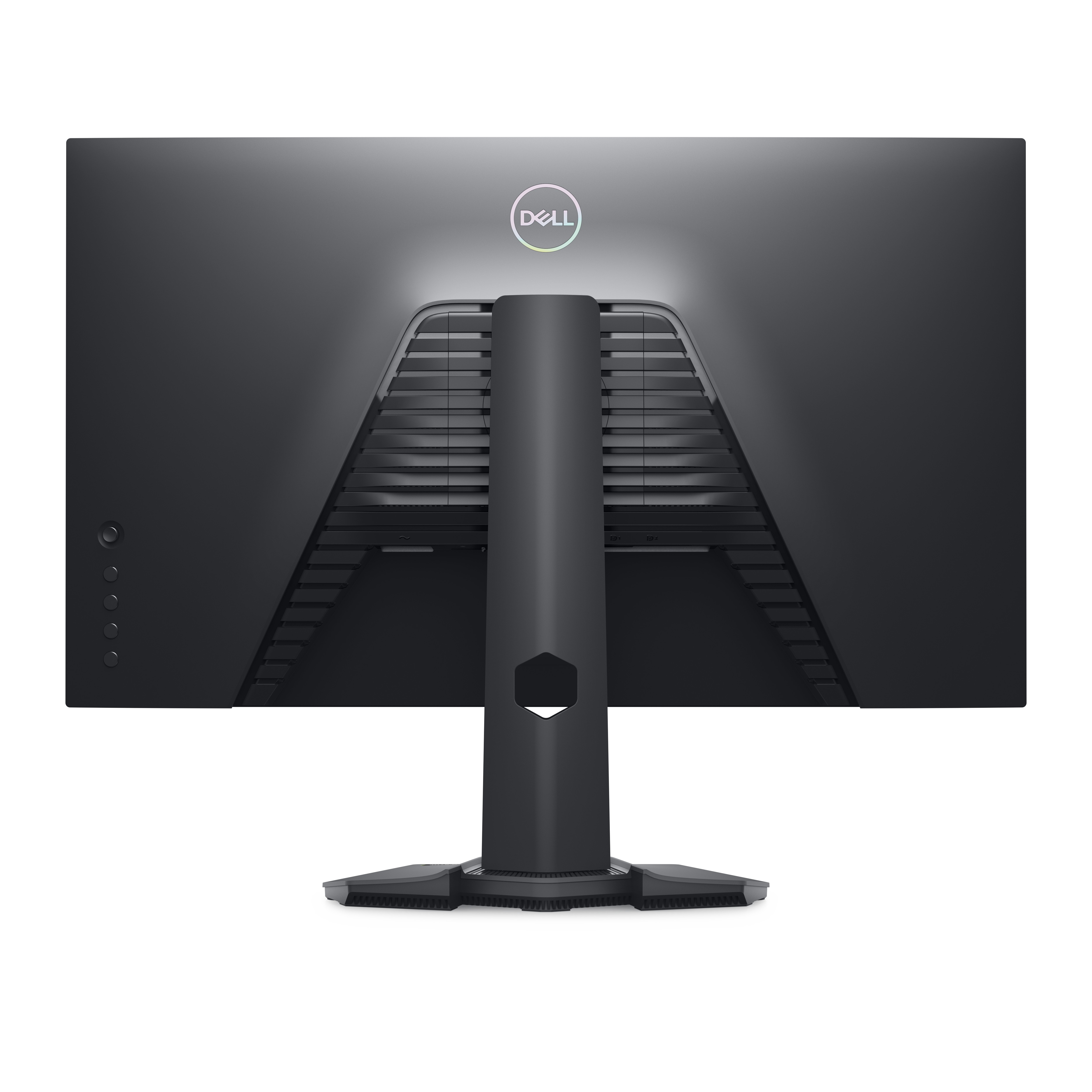 Retro di un monitor Dell nero con supporto e porte.