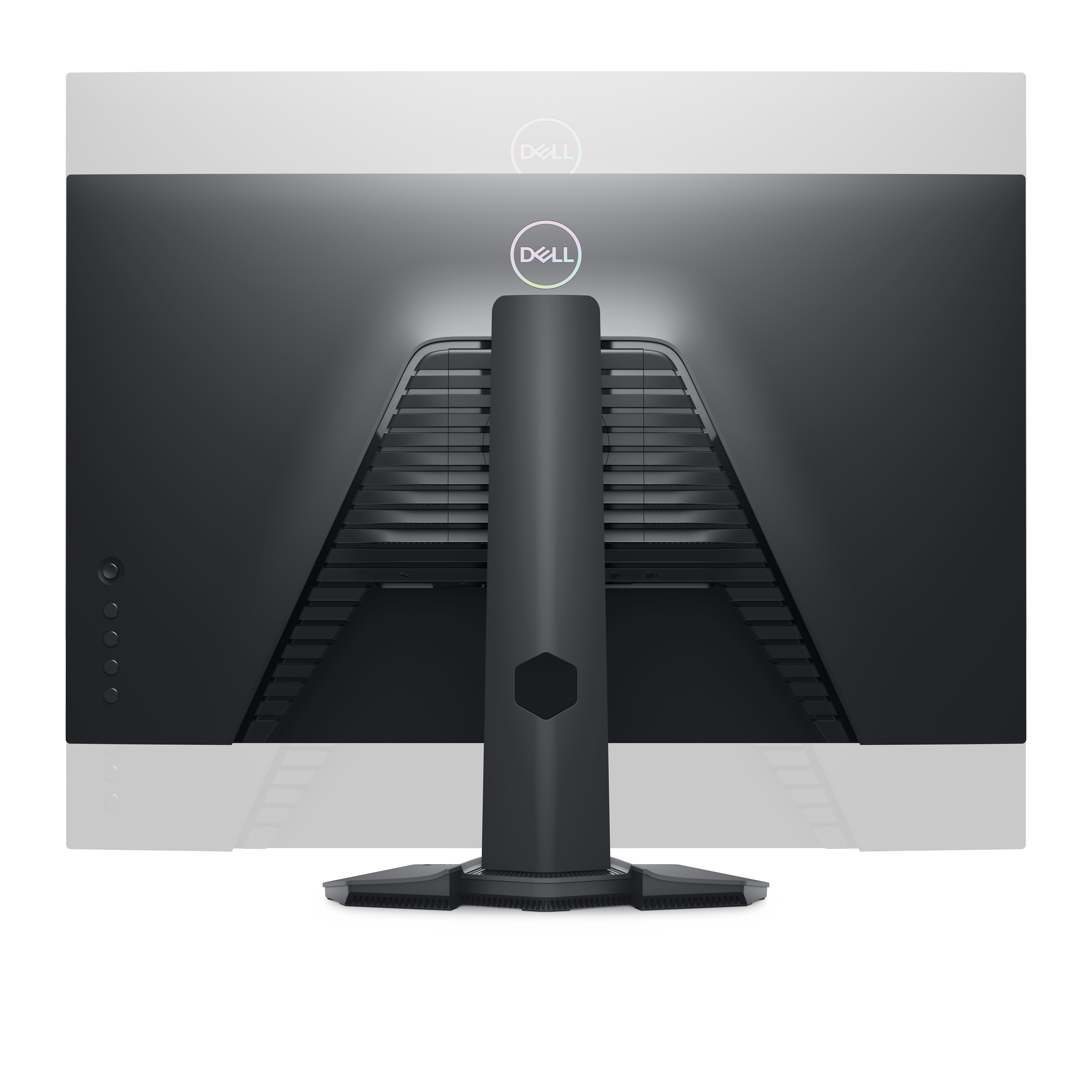 Vista posteriore di un monitor per computer nero su sfondo bianco, con logo DELL.