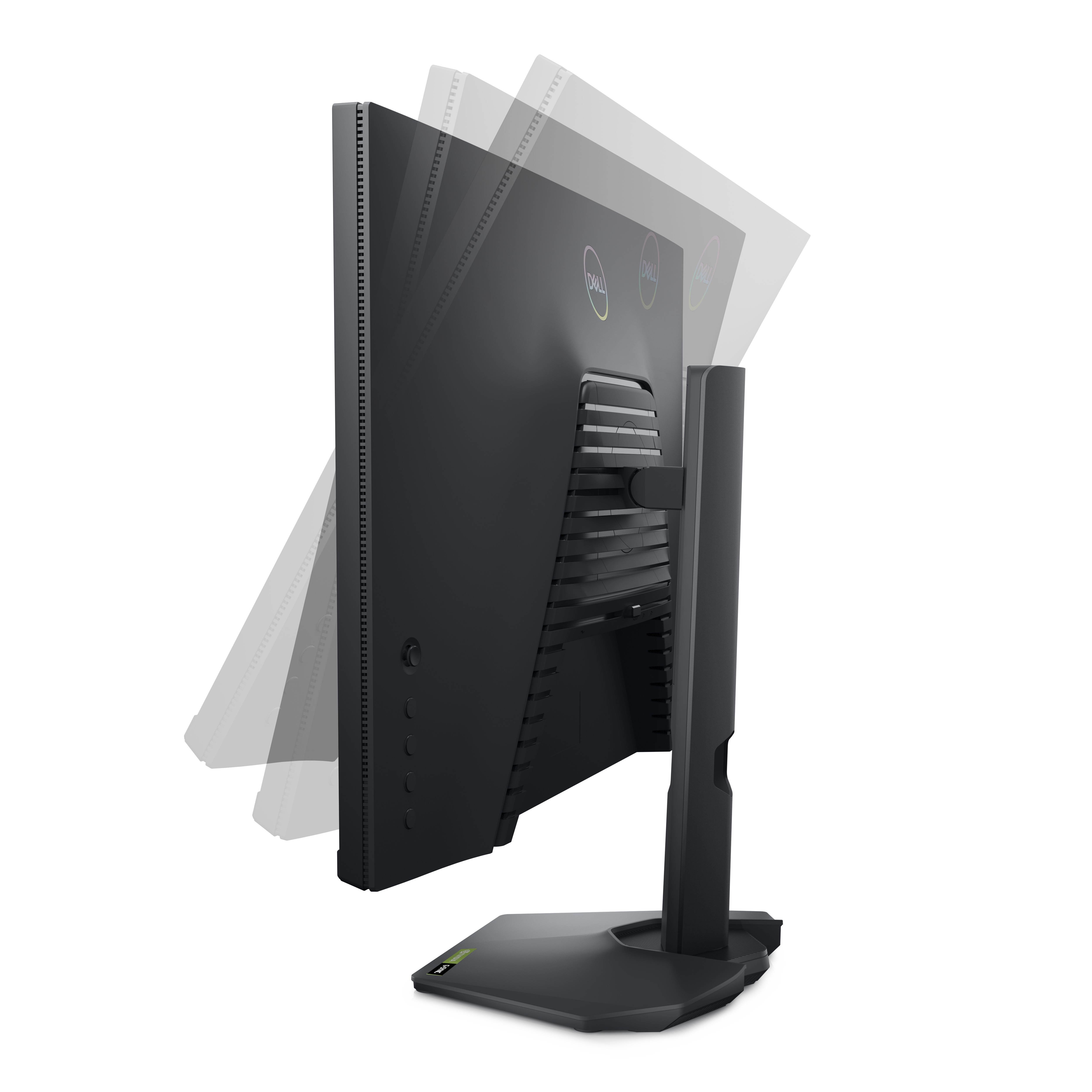 Monitor Dell angolato, che mostra il suo lato. Ha una cornice nera e un supporto. Sfondo bianco.