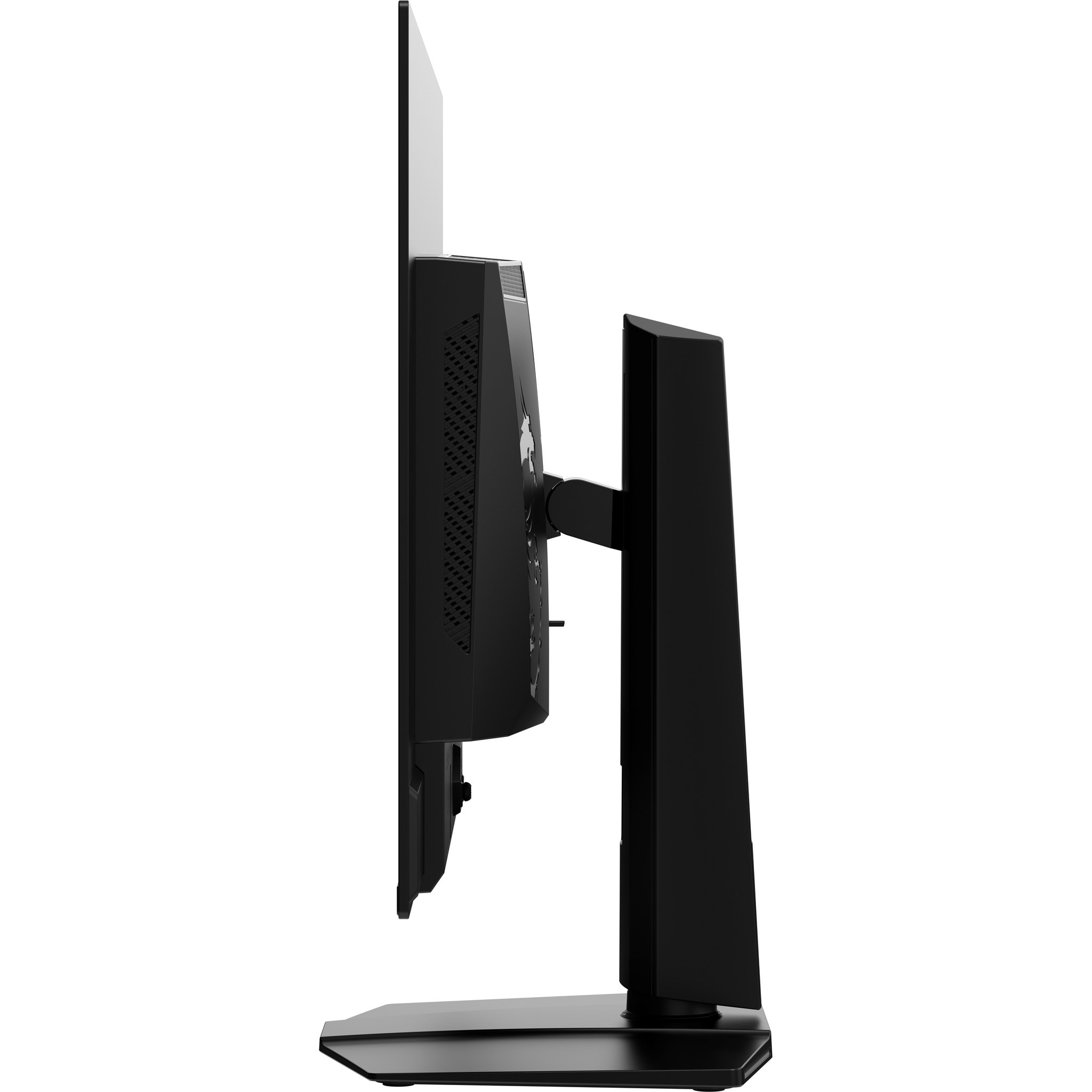 Czarny monitor komputera z boku. Monitor jest czarny, ze stojakiem i otworami wentylacyjnymi.