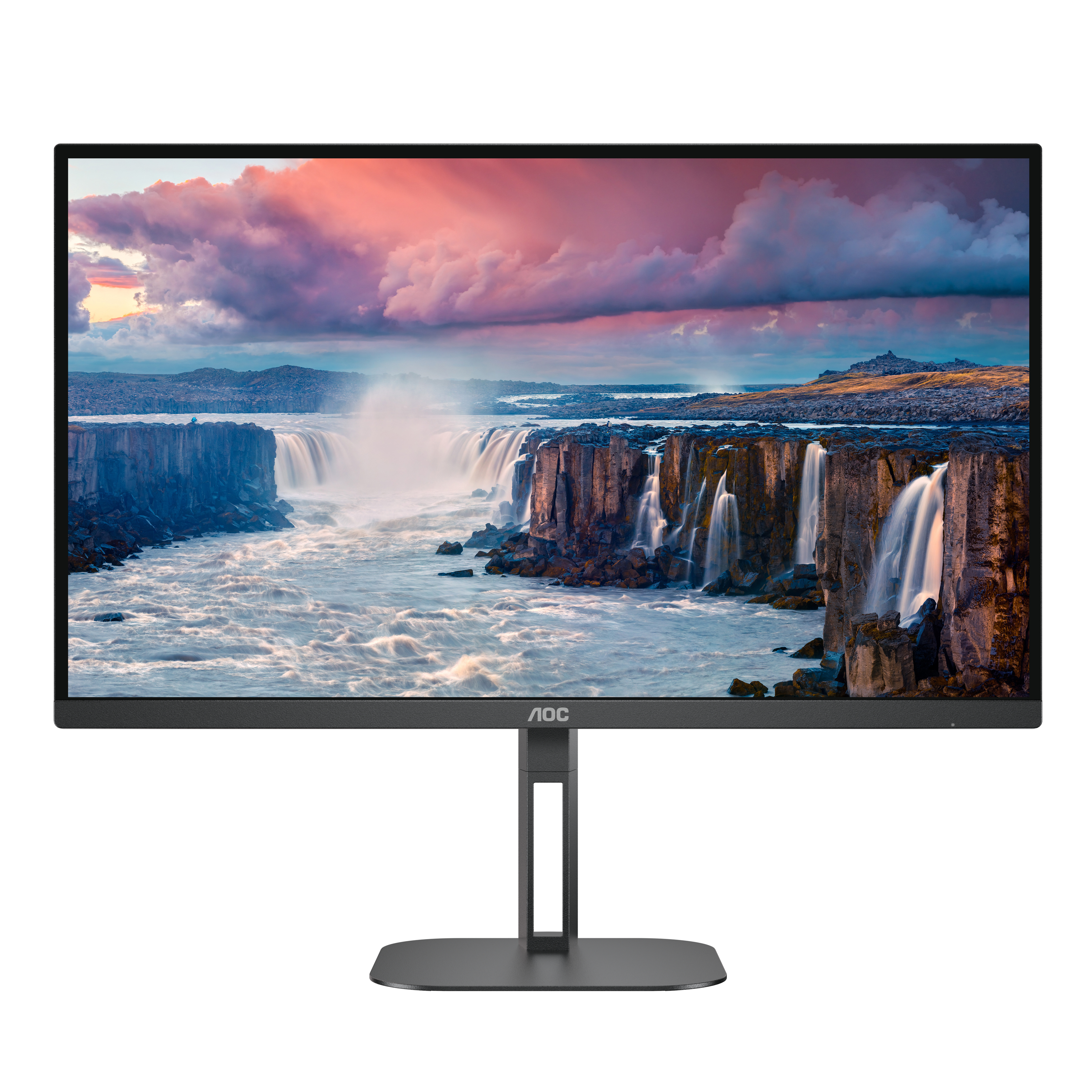 El monitor AOC muestra una imagen escénica de cascada. El cielo tiene tonos rosas y azules.