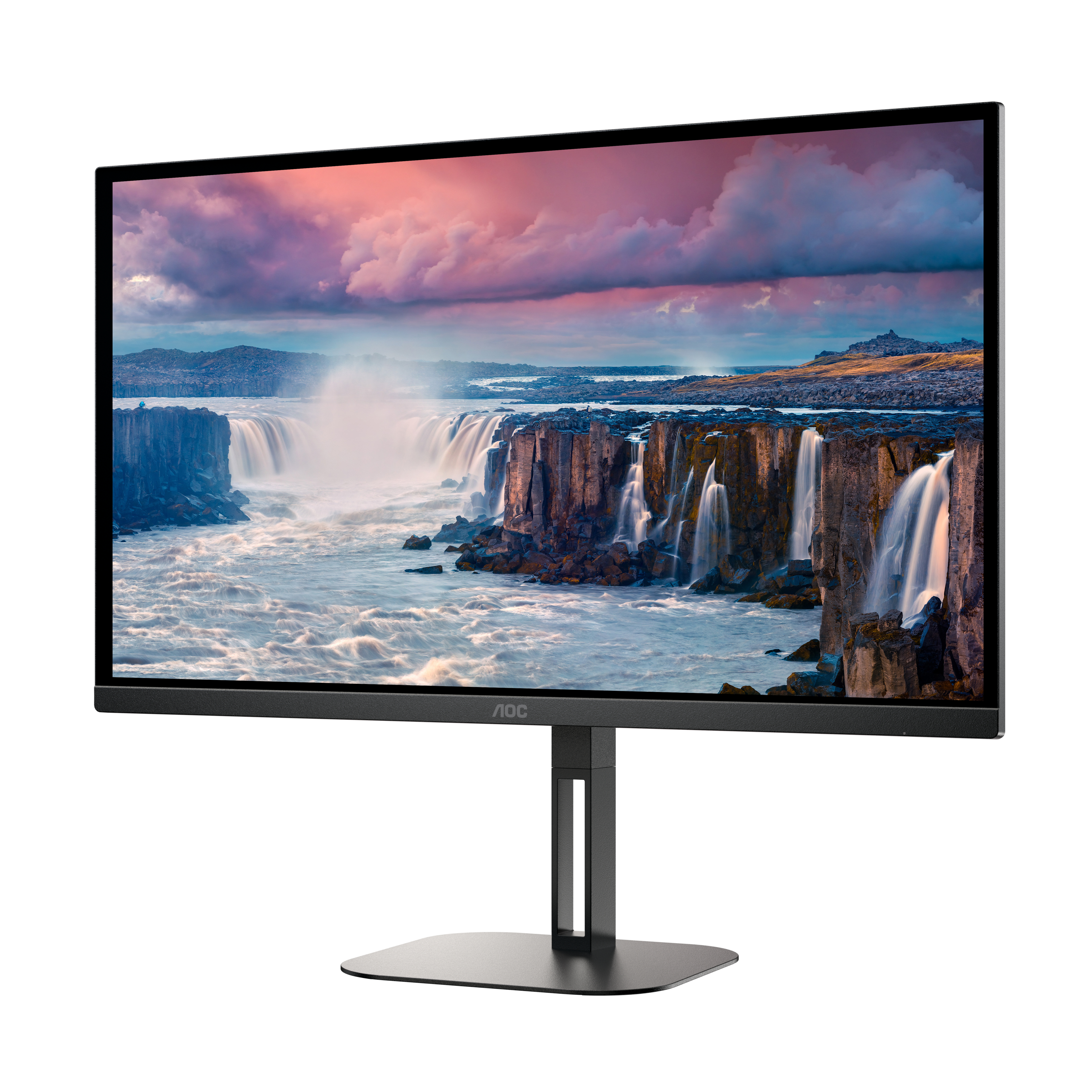 Un monitor AOC que muestra una escena de cascada bajo un cielo colorido, montado en un soporte negro.