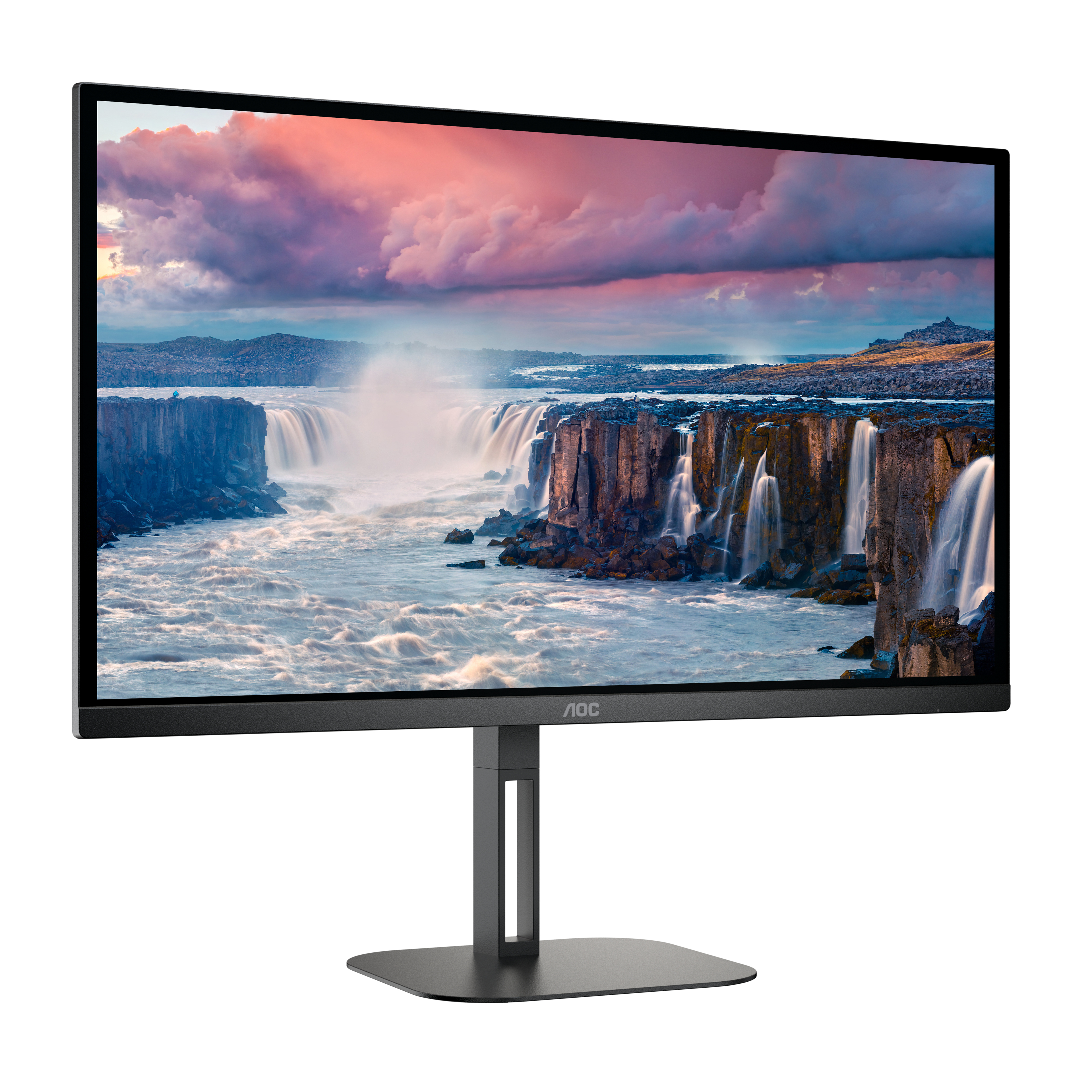 Monitor AOC que muestra una escena de paisaje de cascada.