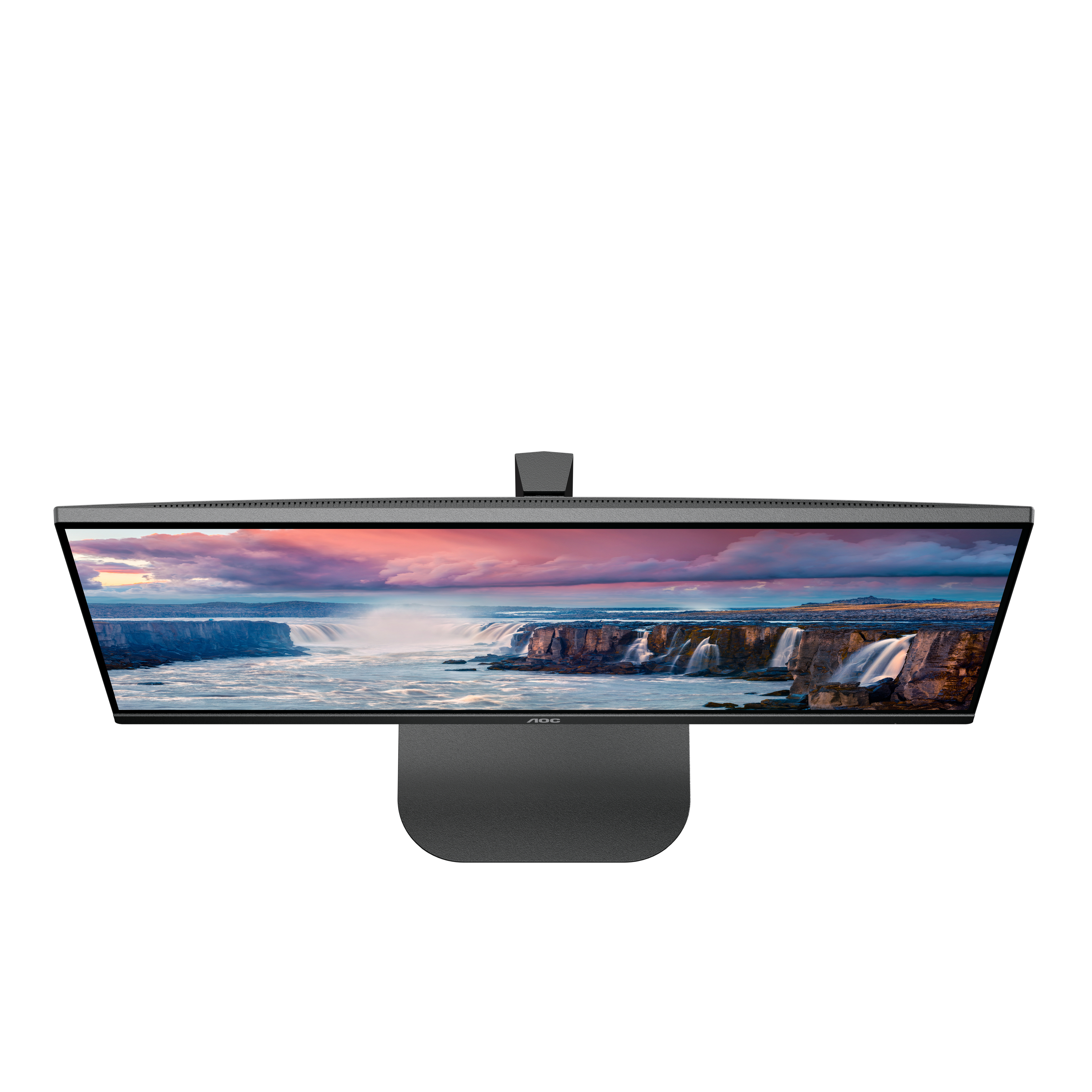 Un monitor de computadora ancho con una imagen de cascada, vista superior.