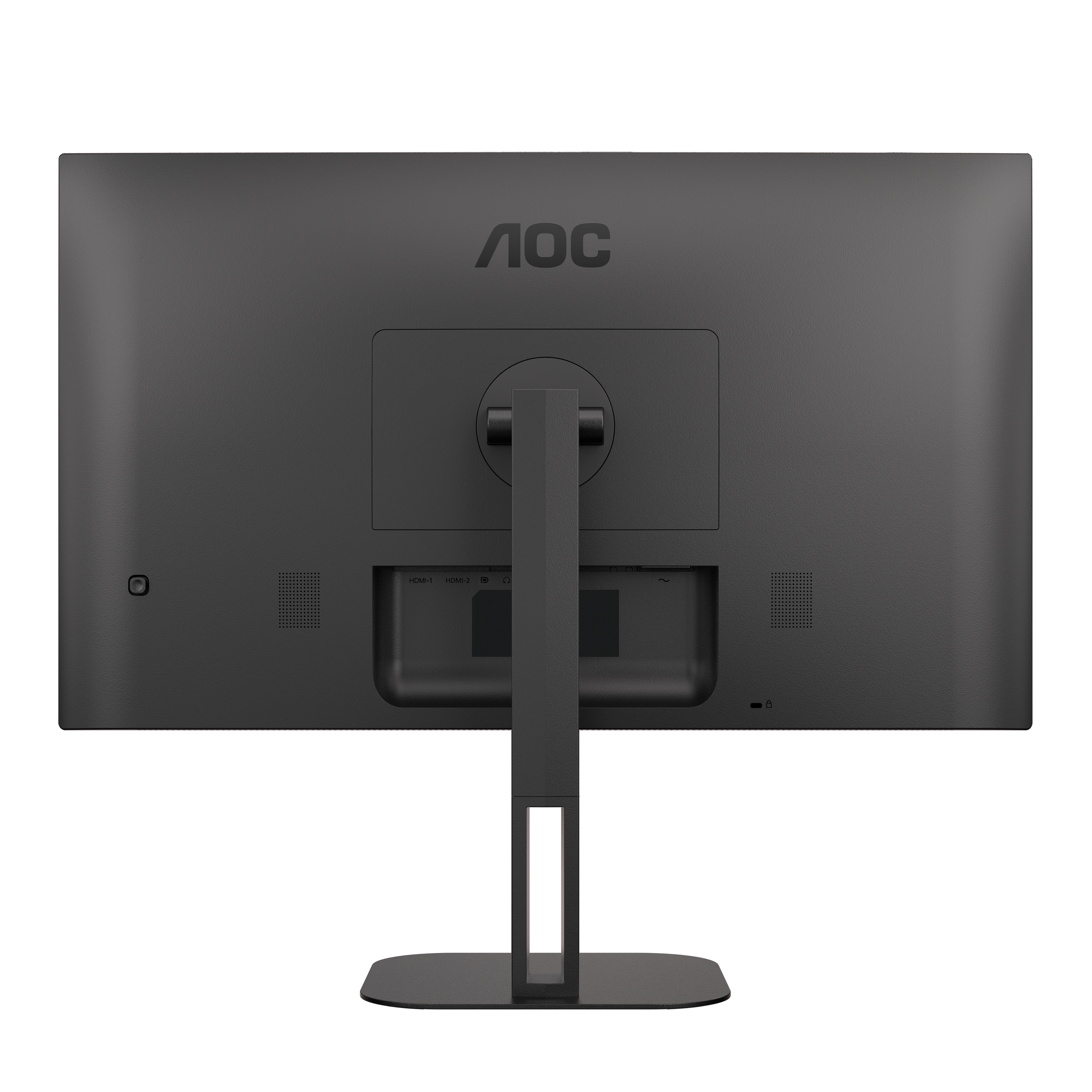 La parte trasera de un monitor AOC negro con soporte. Tiene puertos y logotipo.