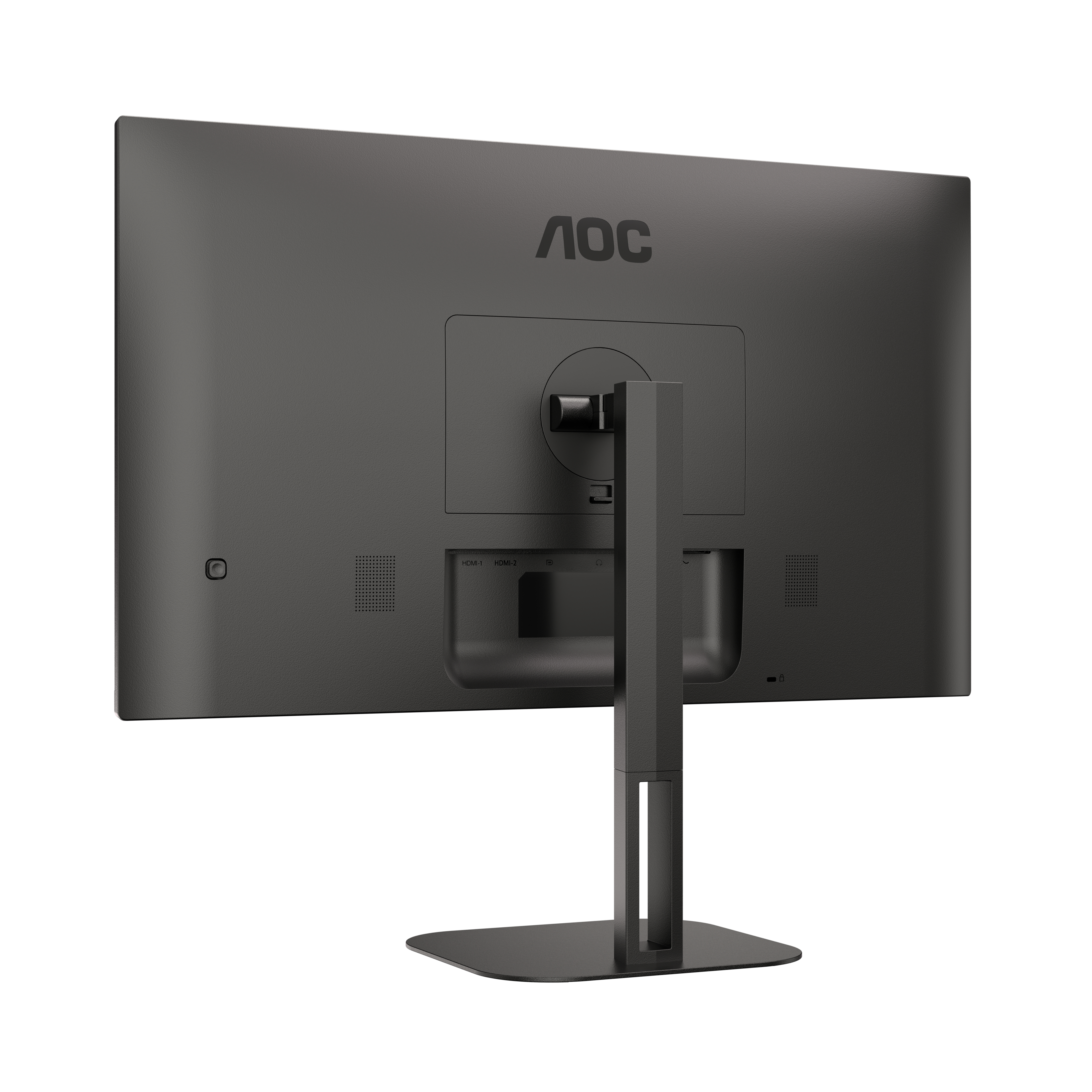 Parte trasera de un monitor AOC gris oscuro. Con puertos, soporte y el logotipo de AOC.