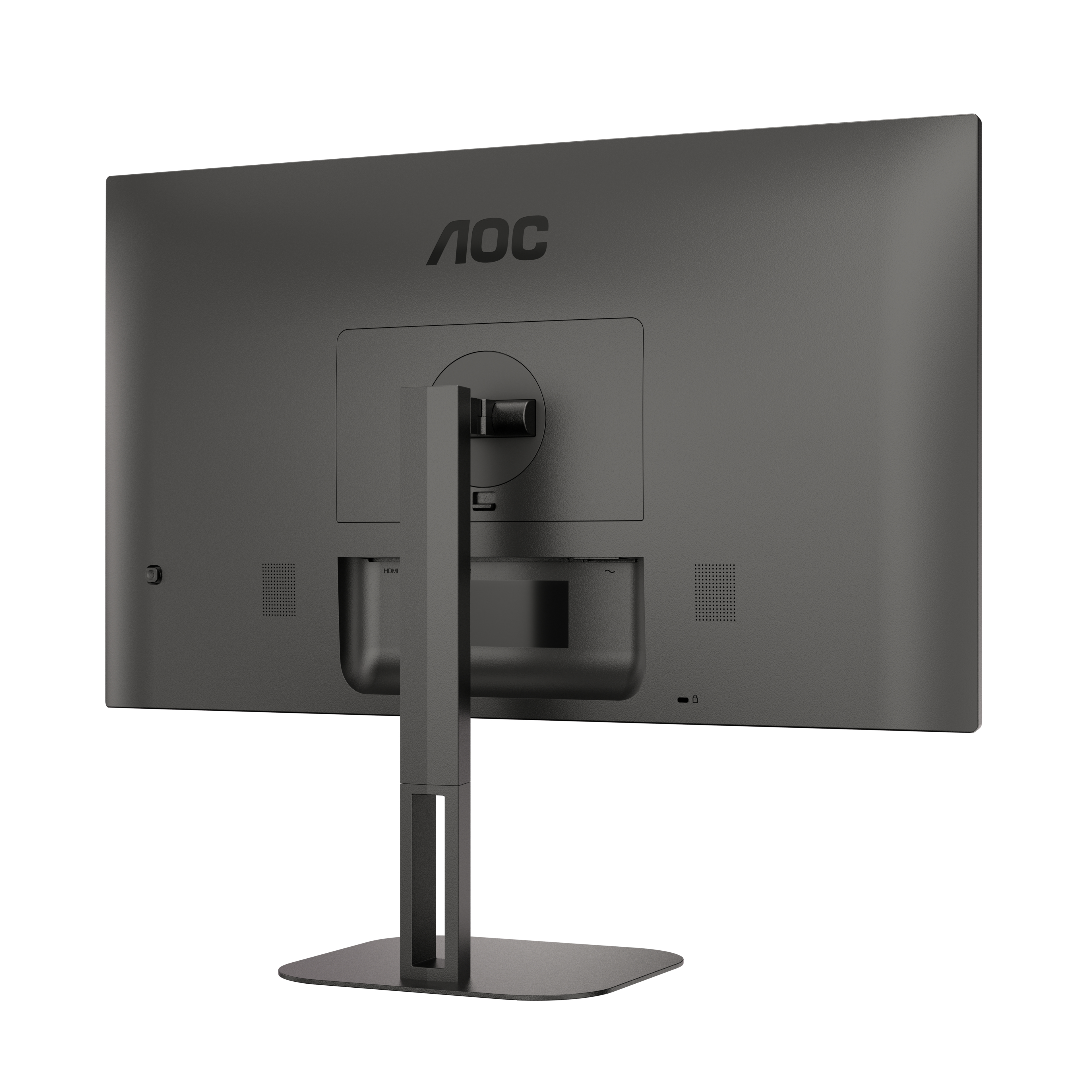 Parte trasera de un monitor de ordenador gris oscuro con el logotipo de AOC y soporte adjunto.