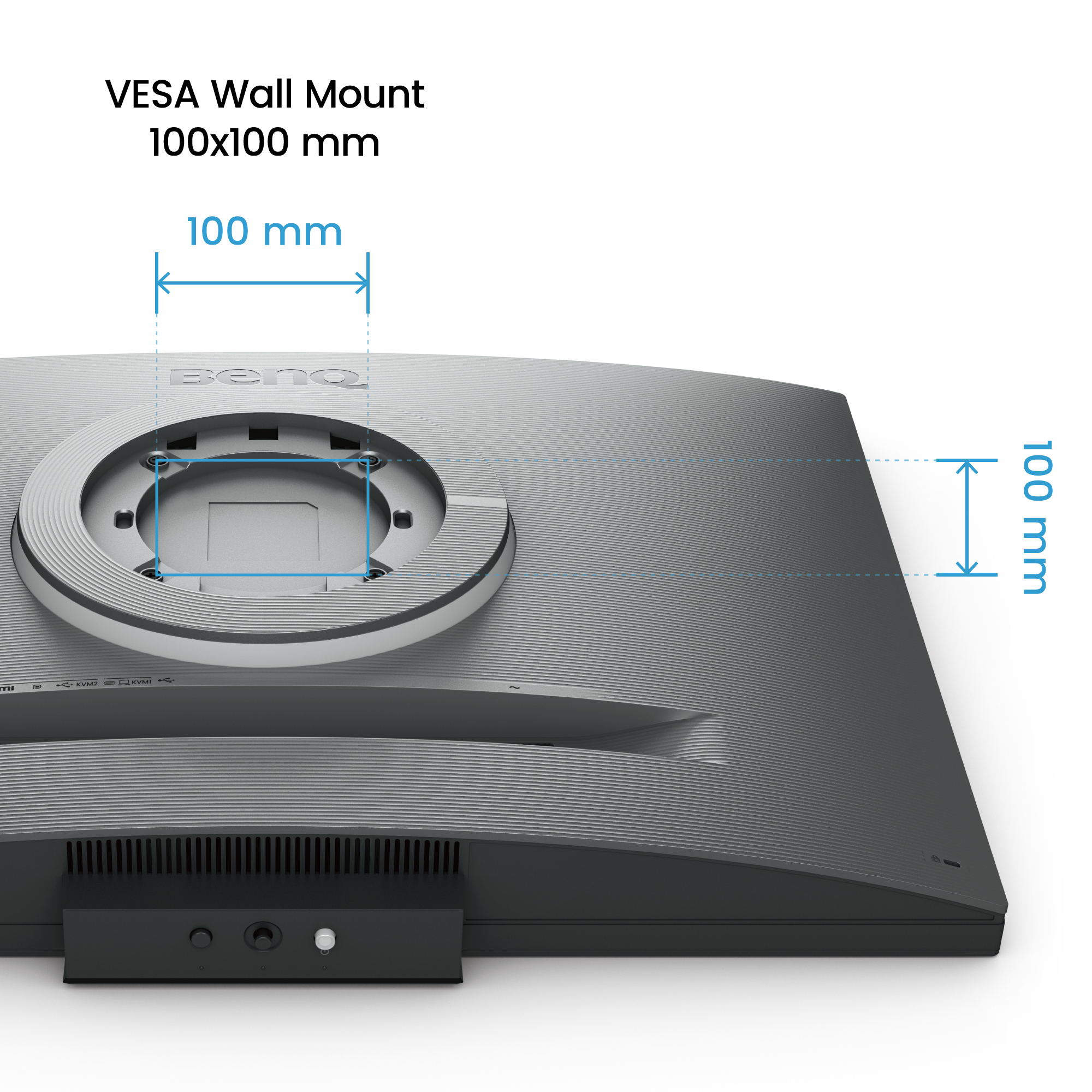Zbliżenie tylnej części monitora, pokazujące mocowanie VESA i wymiary w mm.