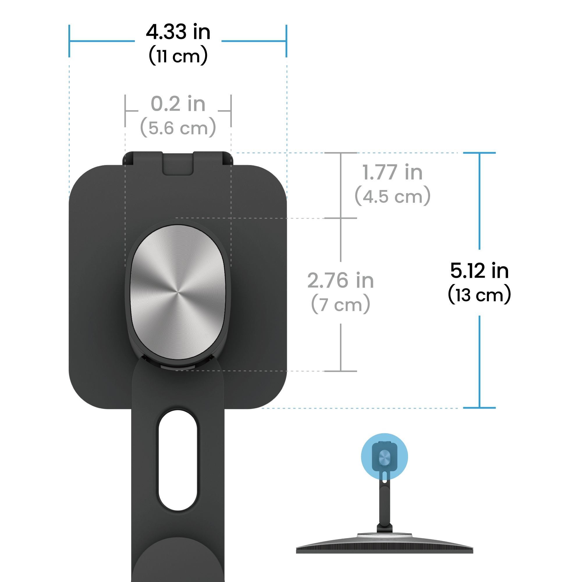 Czarny uchwyt na telefon z wymiarami w calach i cm.