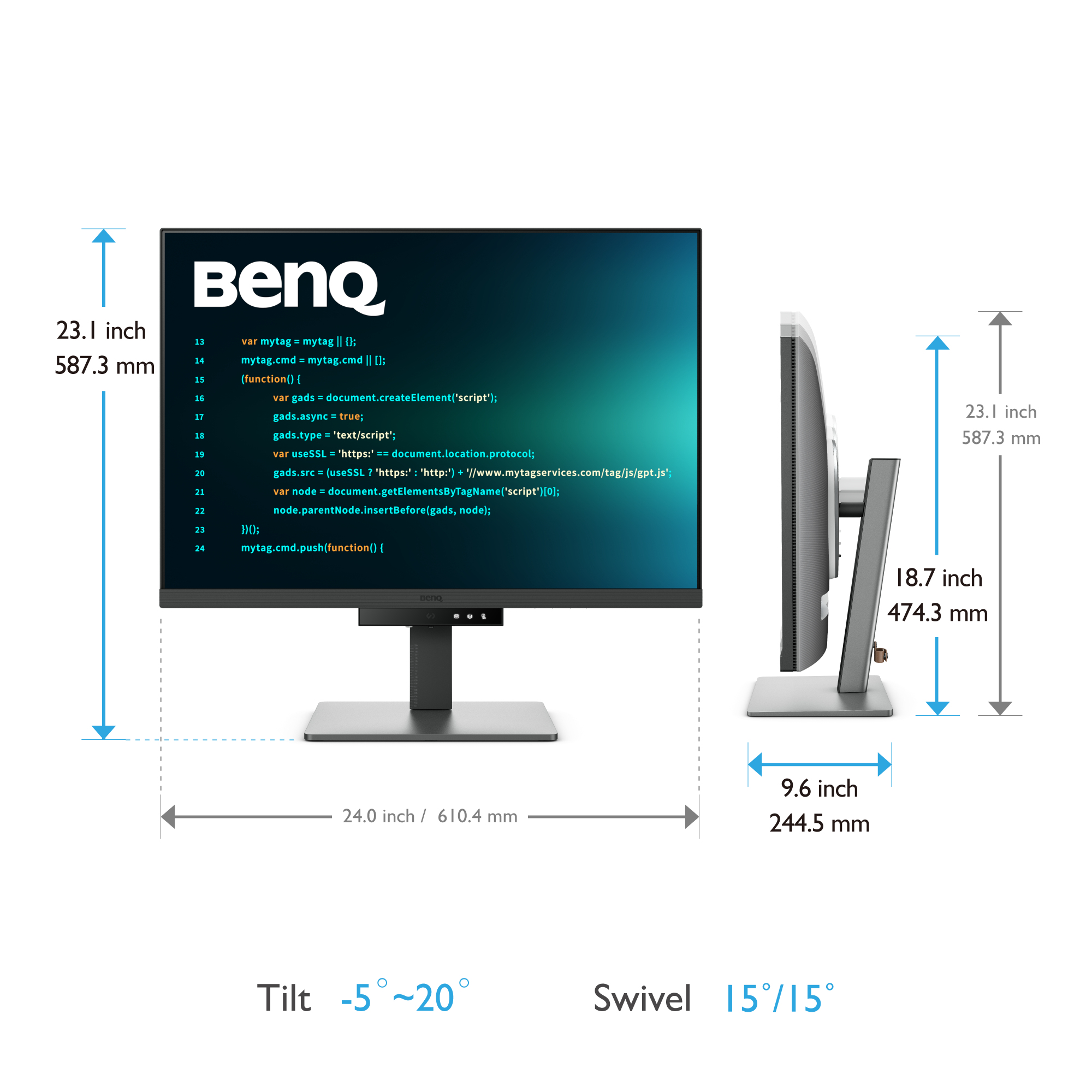 Monitor BenQ wyświetlający kod, z wymiarami i informacjami o nachyleniu/obrocie.