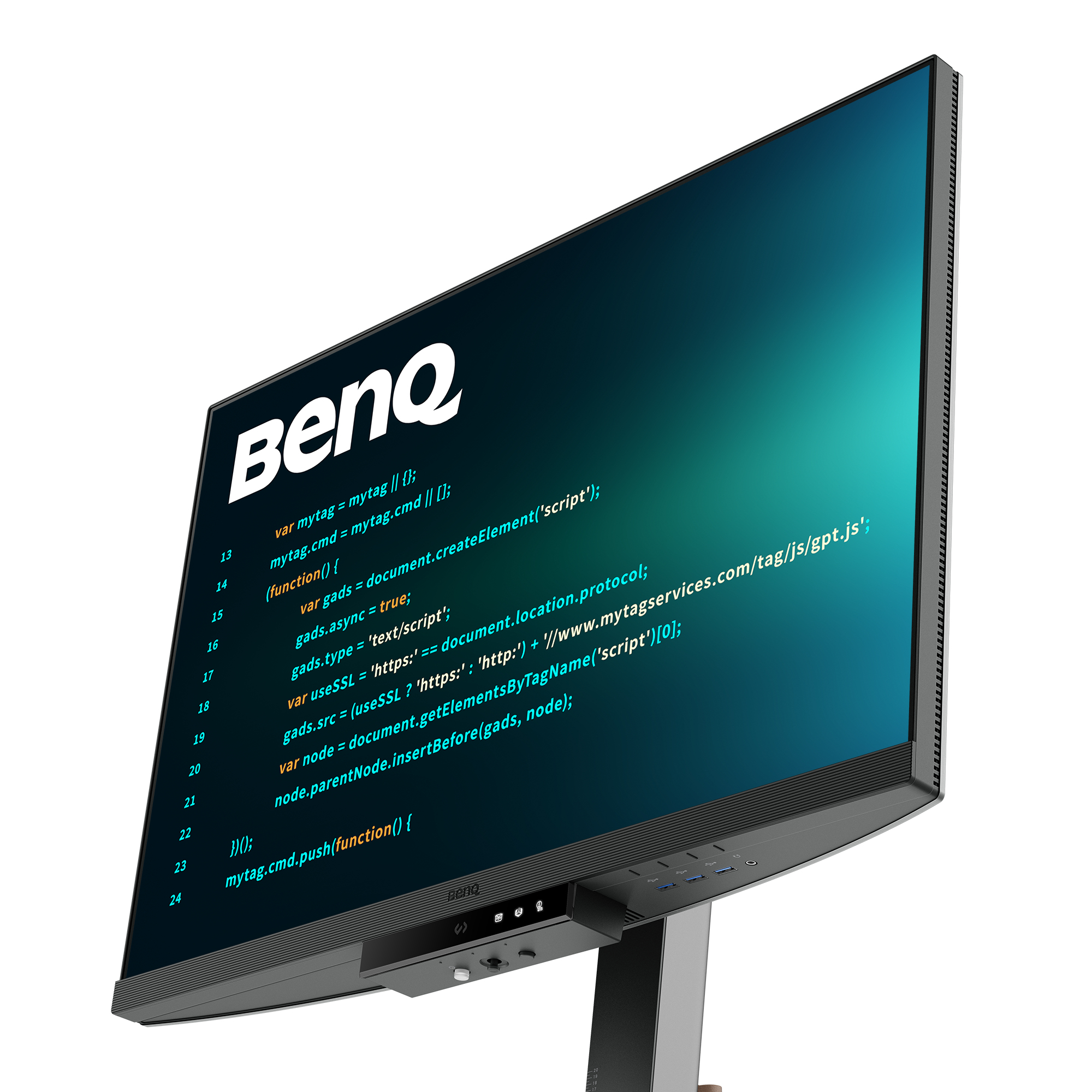 Monitor wyświetla kod na jasnym zielonym tle, z logo BenQ.