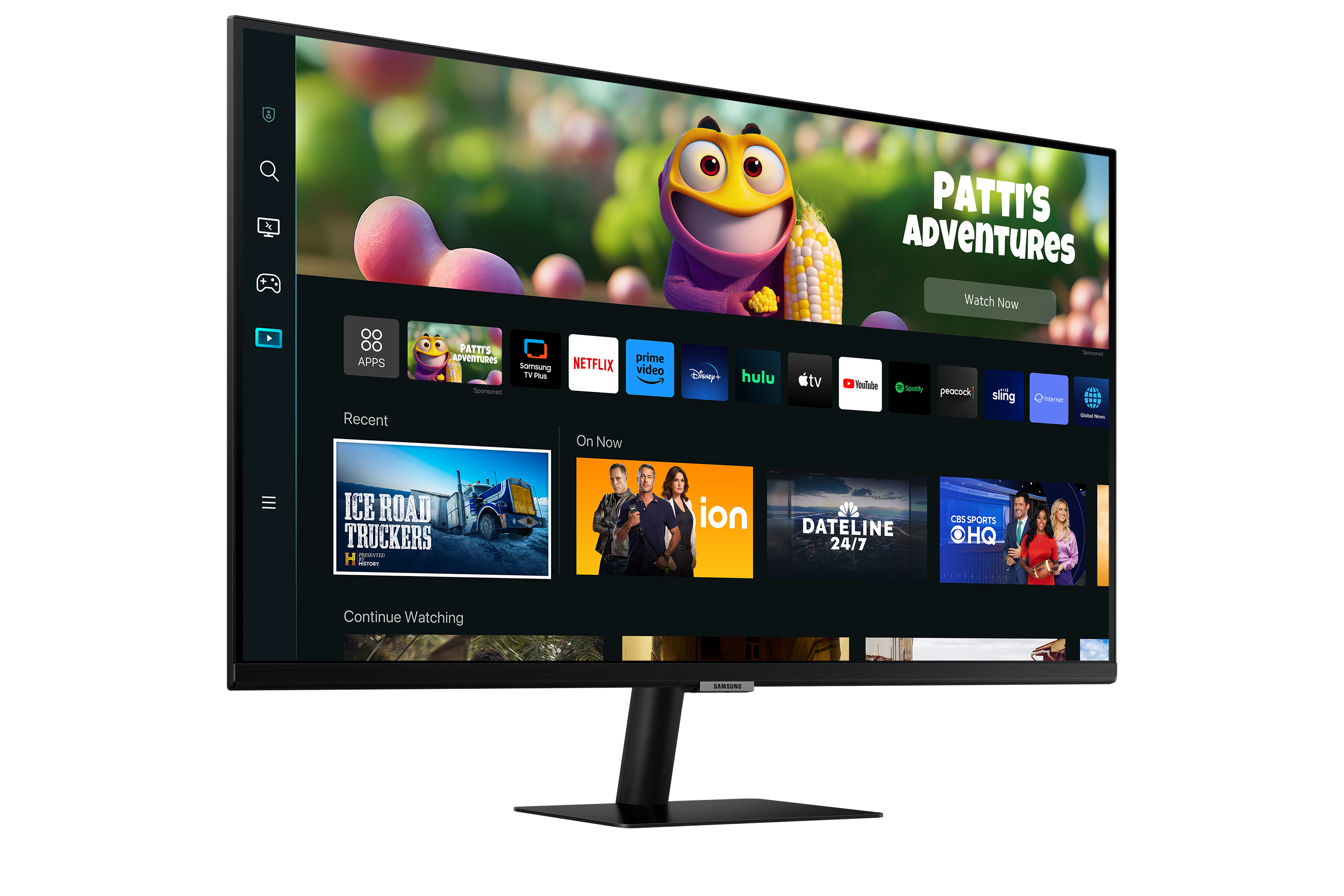 Monitor Samsung. Lo schermo mostra app di streaming, tra cui Netflix e Disney+. Cornice nera.