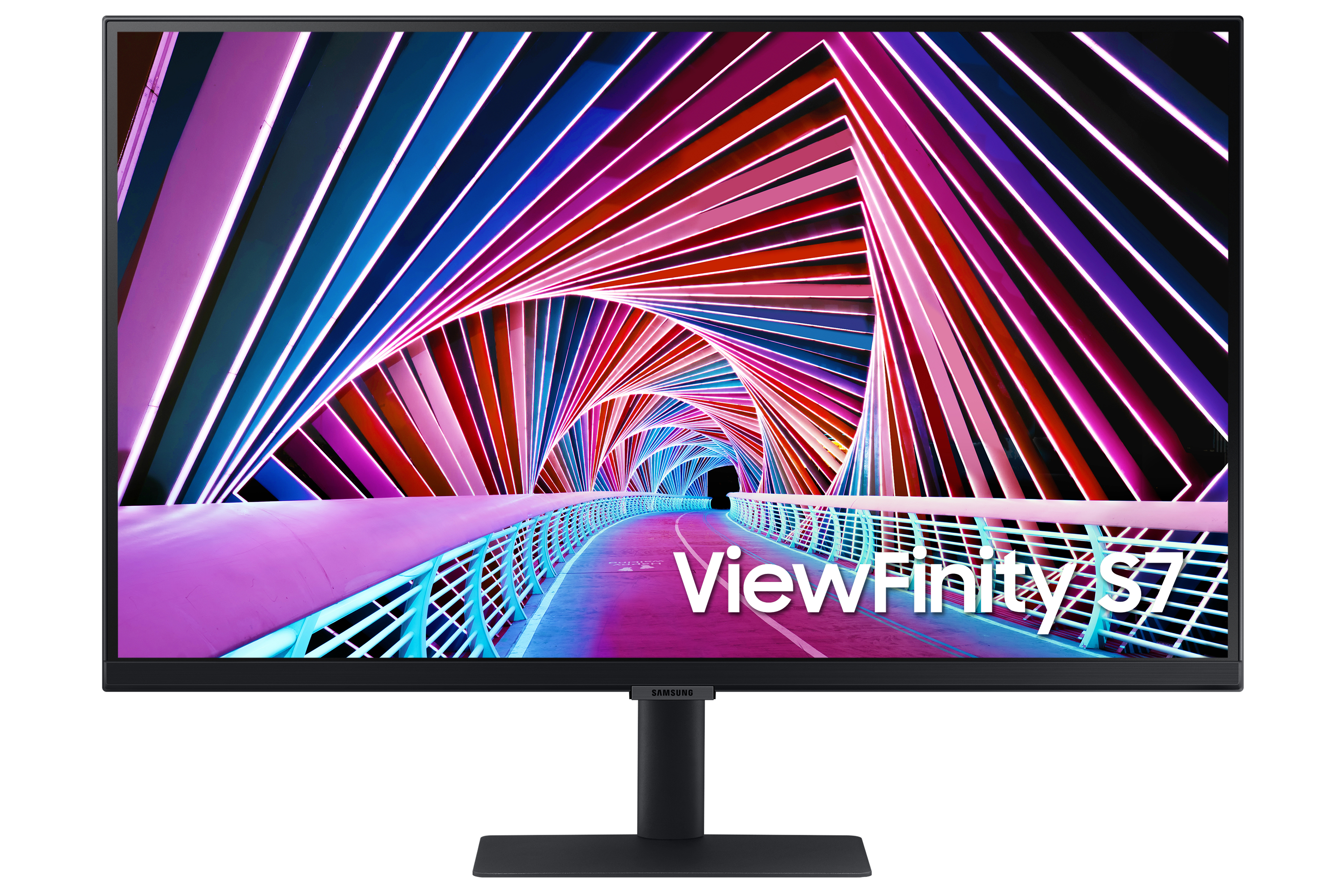 Monitor nero con sfondo colorato. ViewFinity S7 scritto sulla parte anteriore.