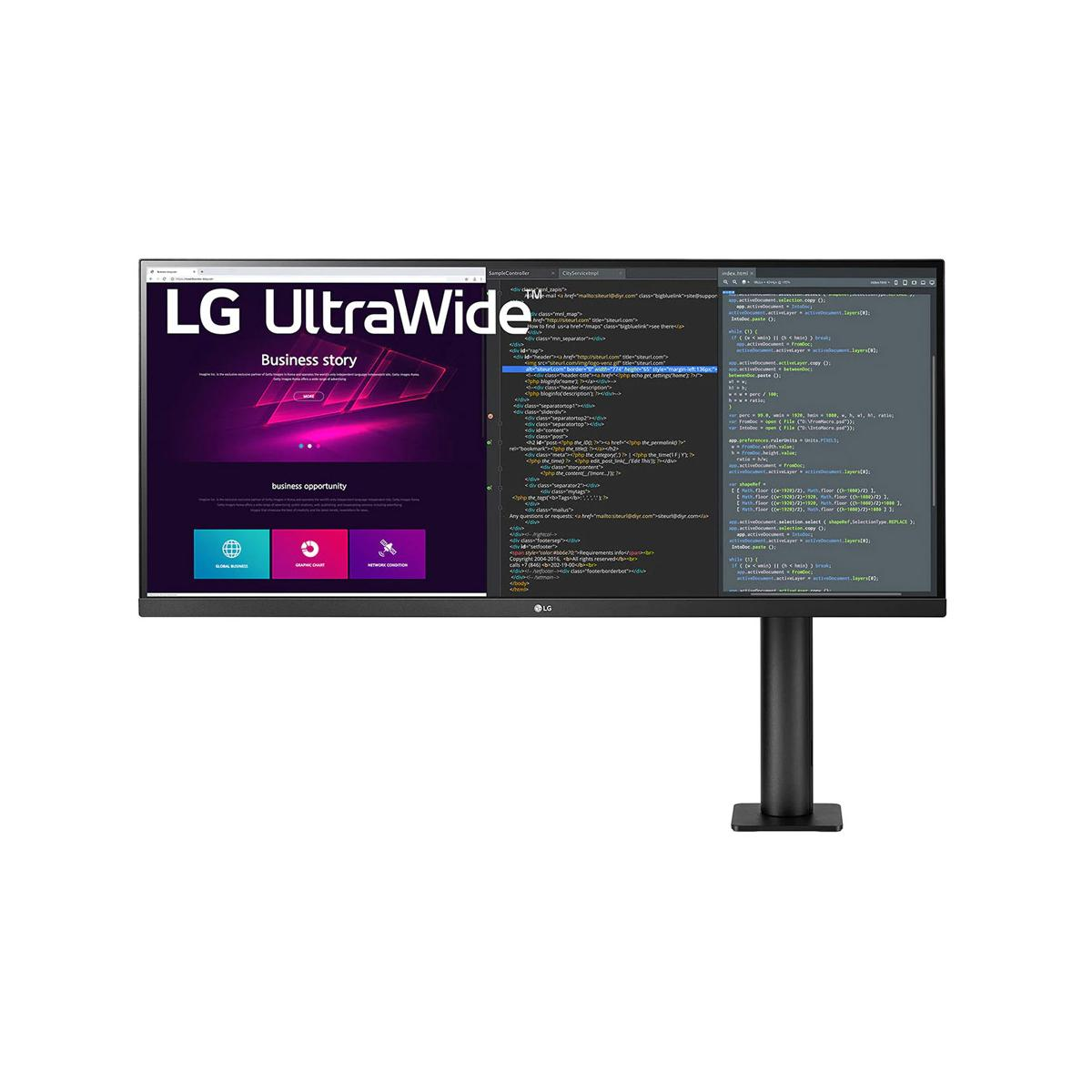 Monitor LG Ultrawide che mostra codice e contenuti web, supporto nero.