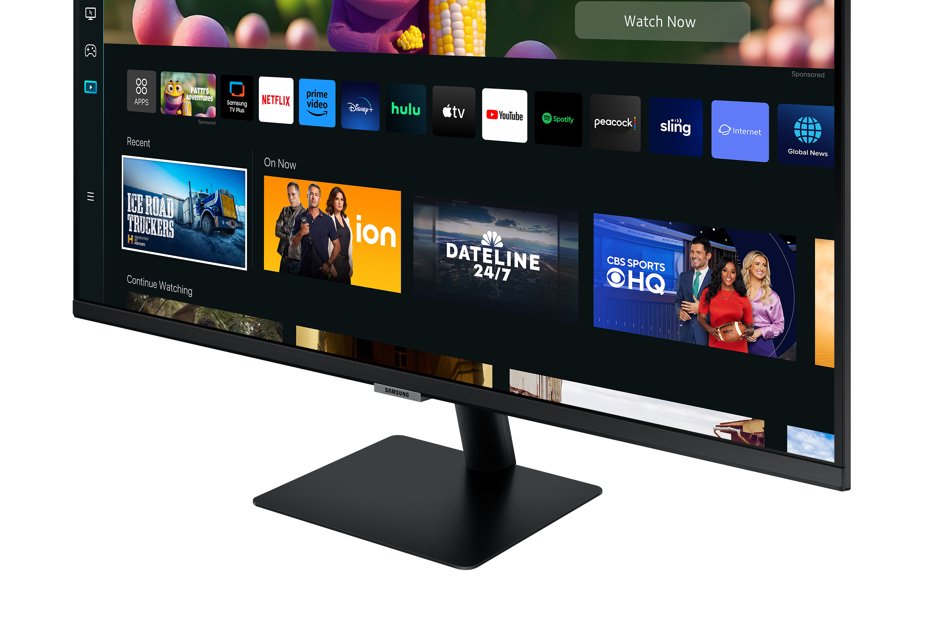 Un moderno monitor nero che mostra un'interfaccia TV con varie icone di servizi di streaming.
