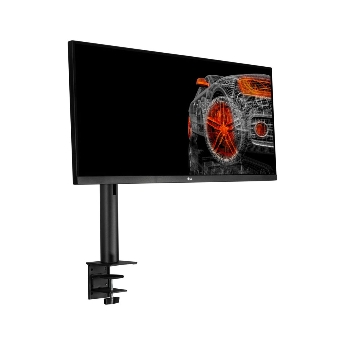 Un monitor per computer montato su un supporto nero, che mostra un design automobilistico.