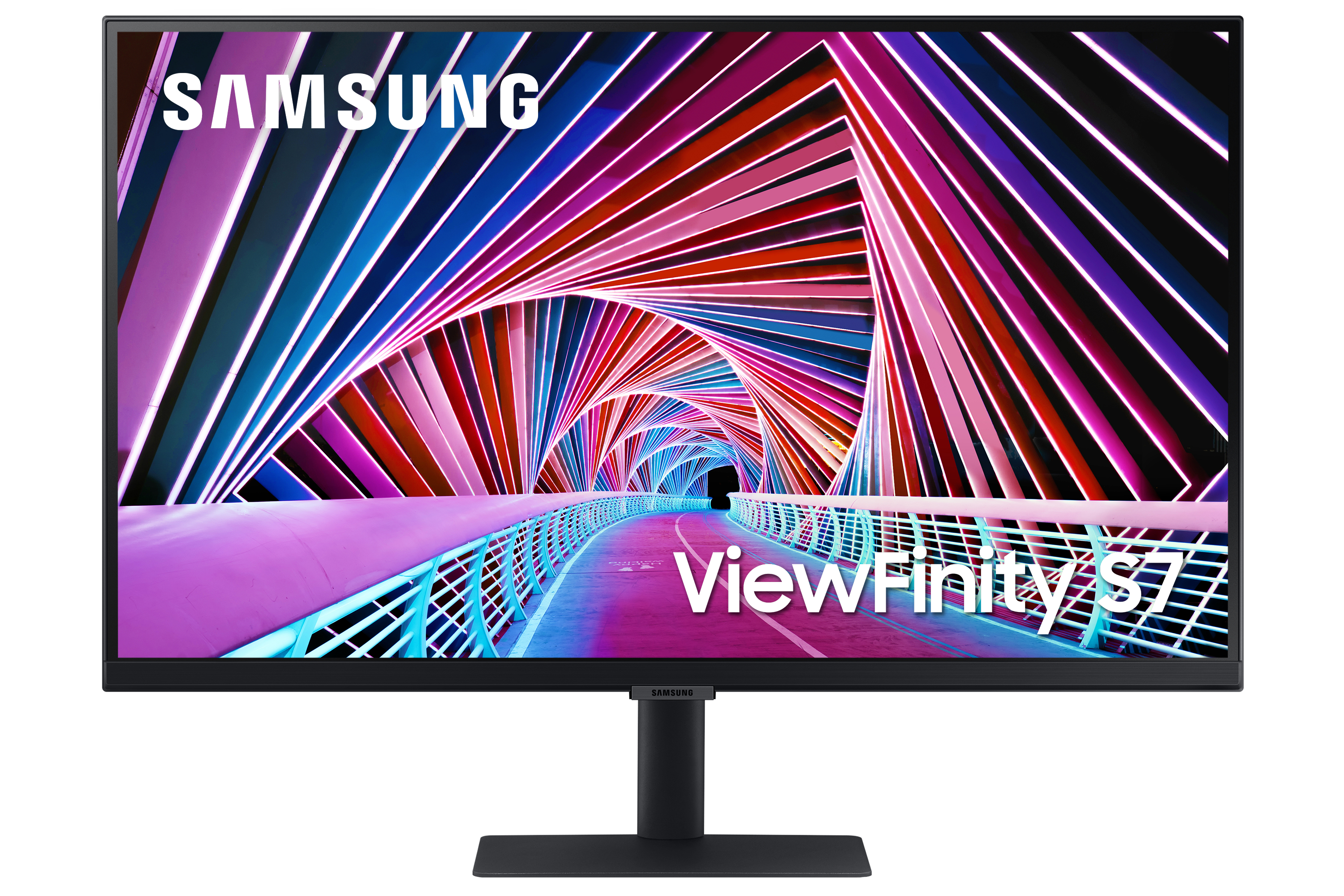 Un monitor Samsung ViewFinity S7 che mostra un'immagine di tunnel colorata su sfondo bianco.