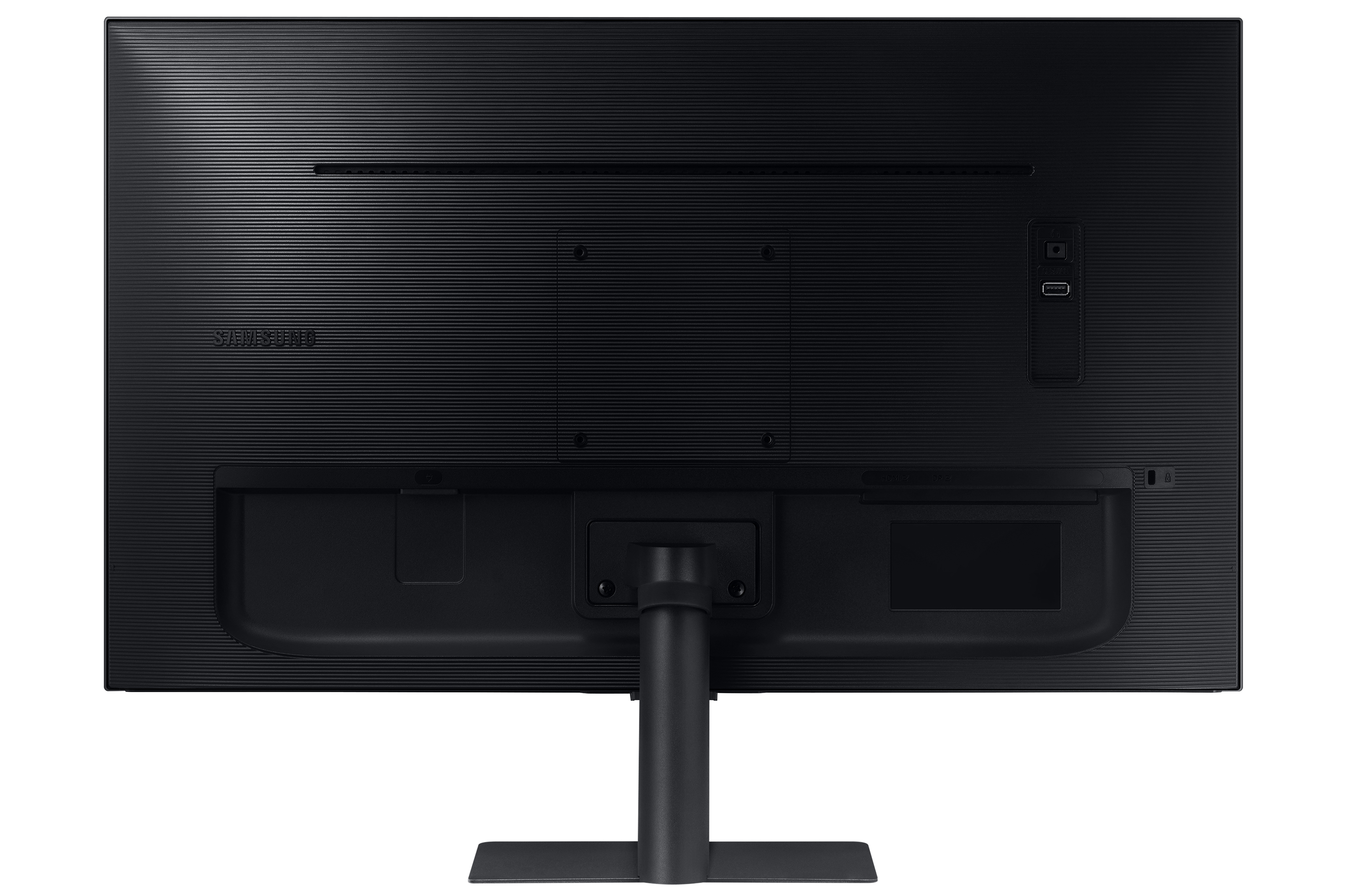 Il retro di un monitor nero. Ha porte per USB e altre connessioni.