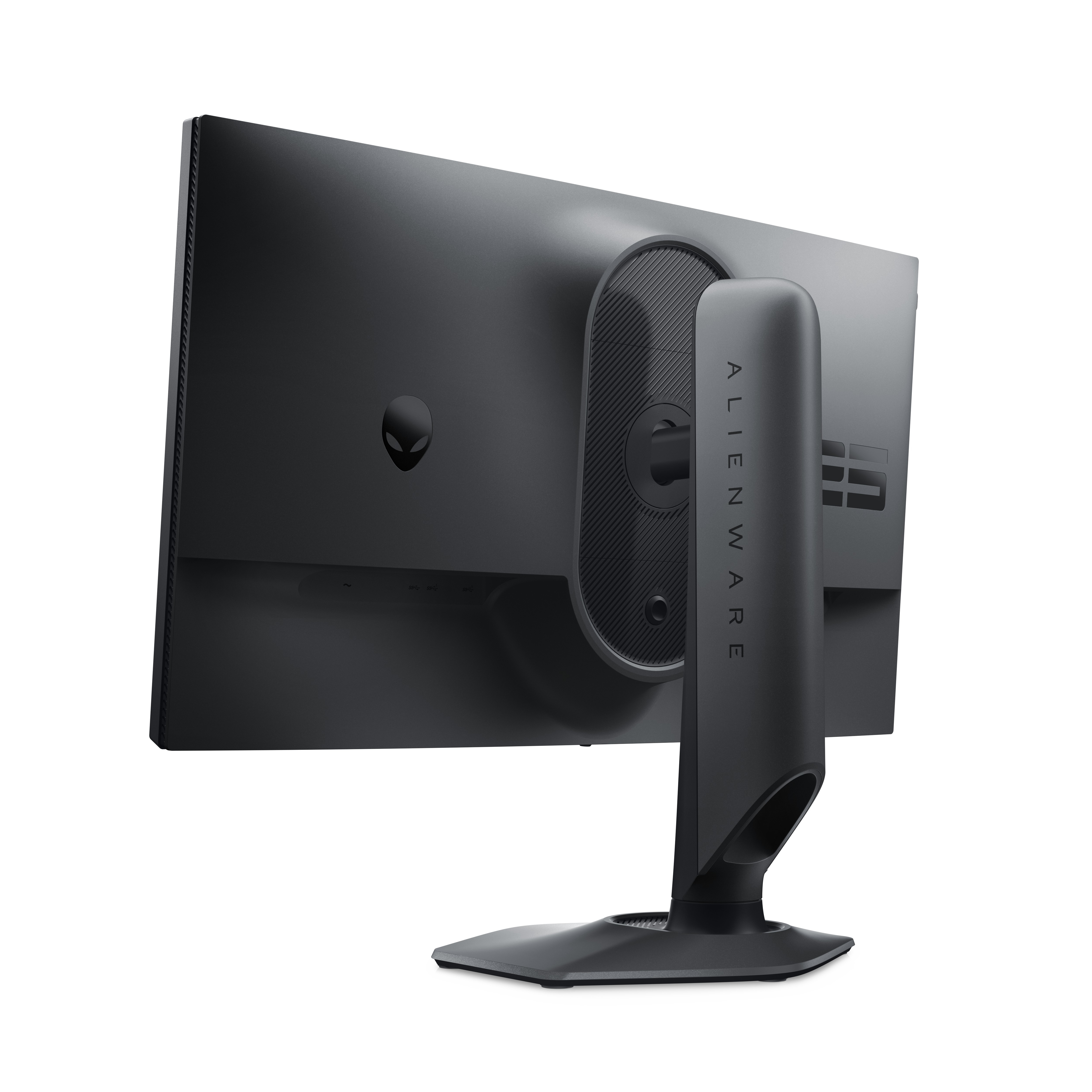 Widok z tyłu monitora do gier Alienware. Monitor jest czarny z unikalnym designem podstawy. Widoczne logo Alienware.