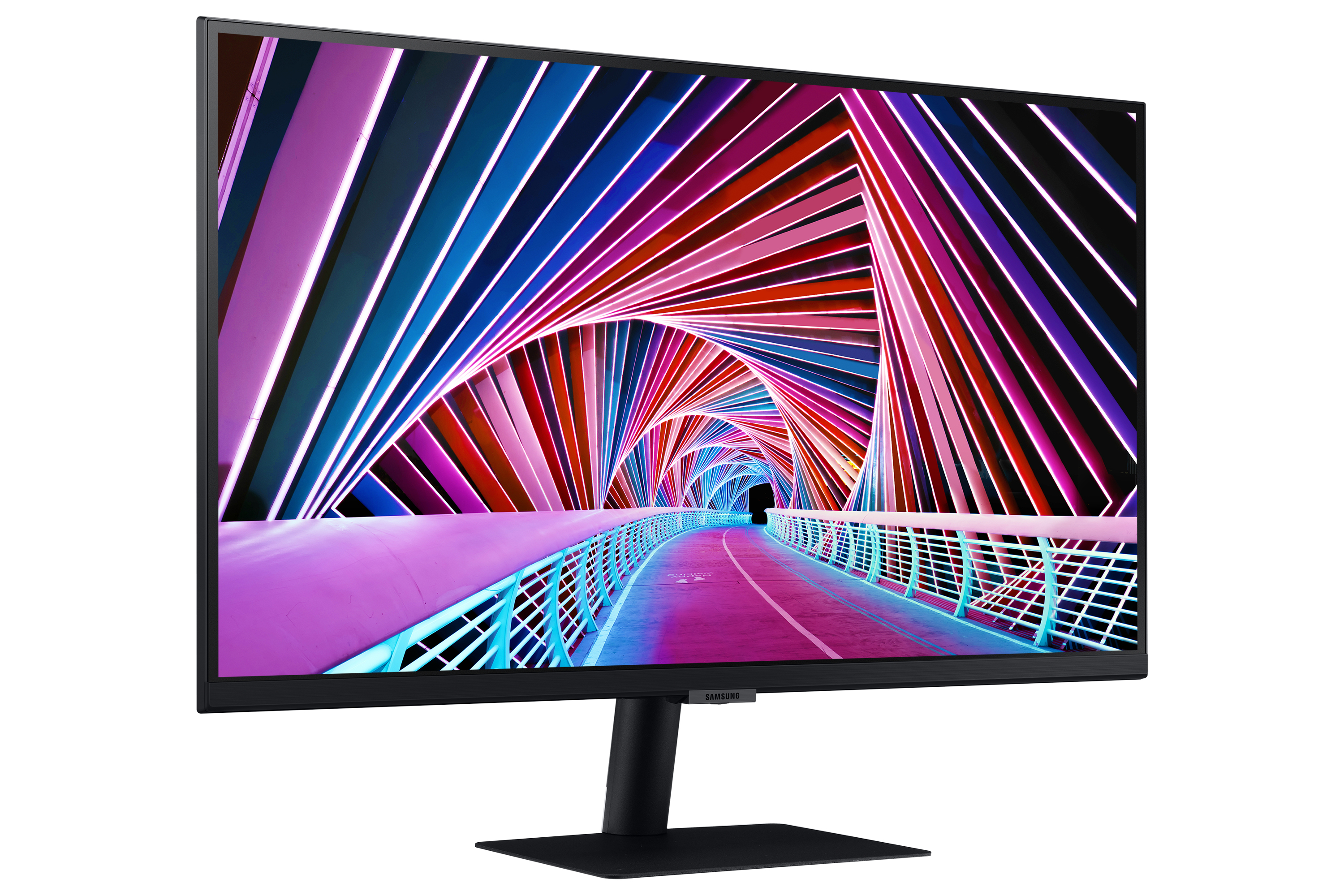Un monitor per computer che mostra un design astratto colorato, con un supporto nero su sfondo bianco.