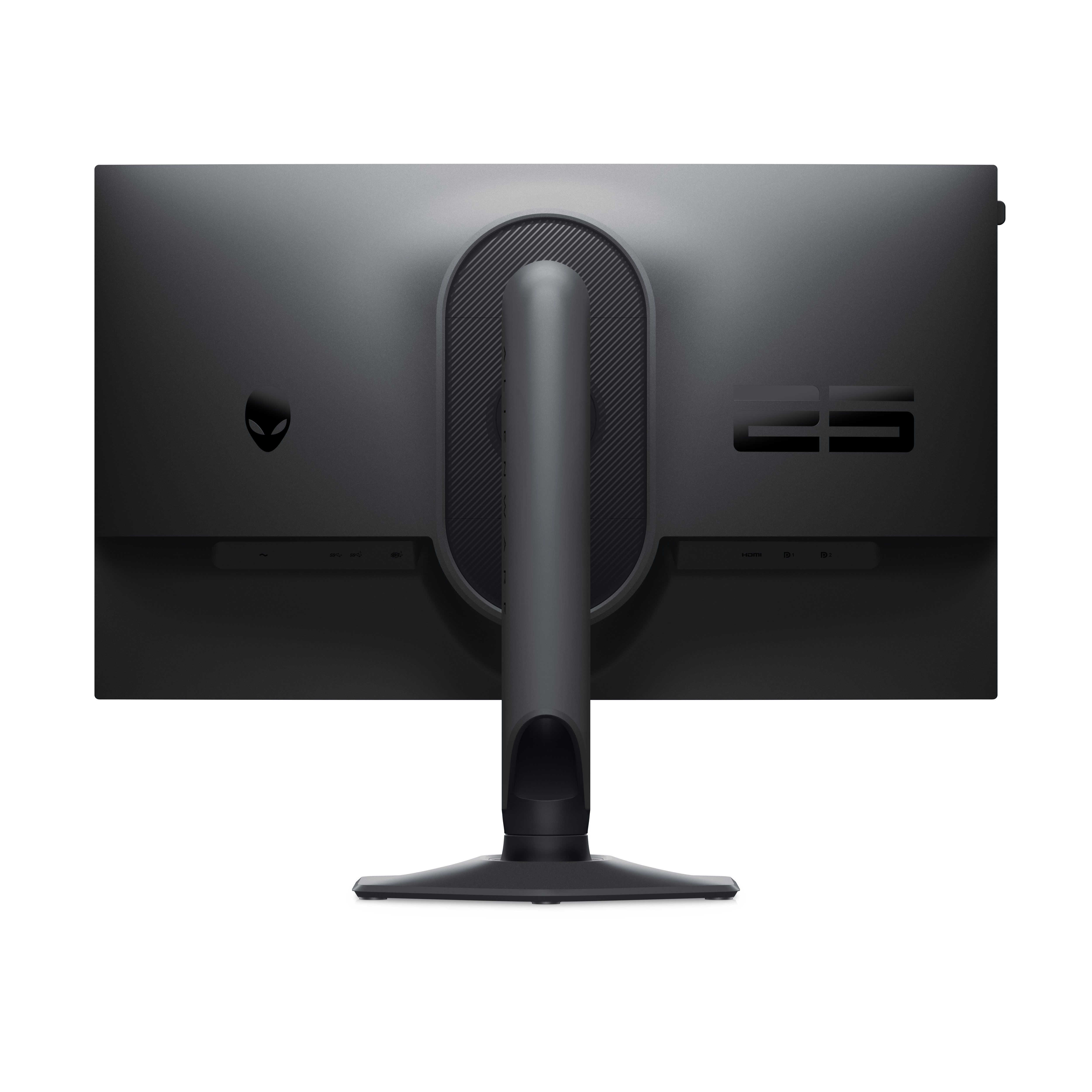 Tył czarnego monitora Alienware. Ma podstawkę i porty. Widoczne jest logo Alienware.