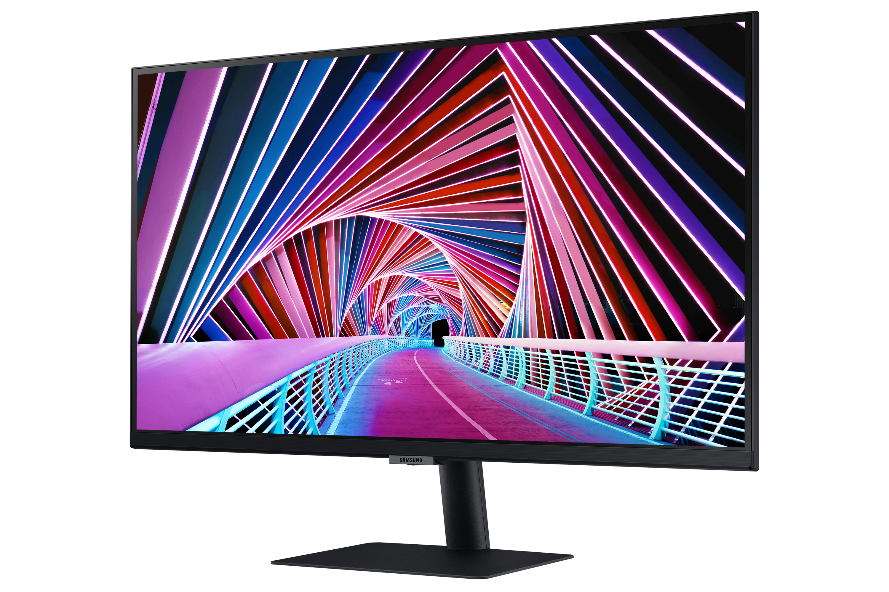 Monitor Samsung con struttura colorata a tunnel e supporto nero.