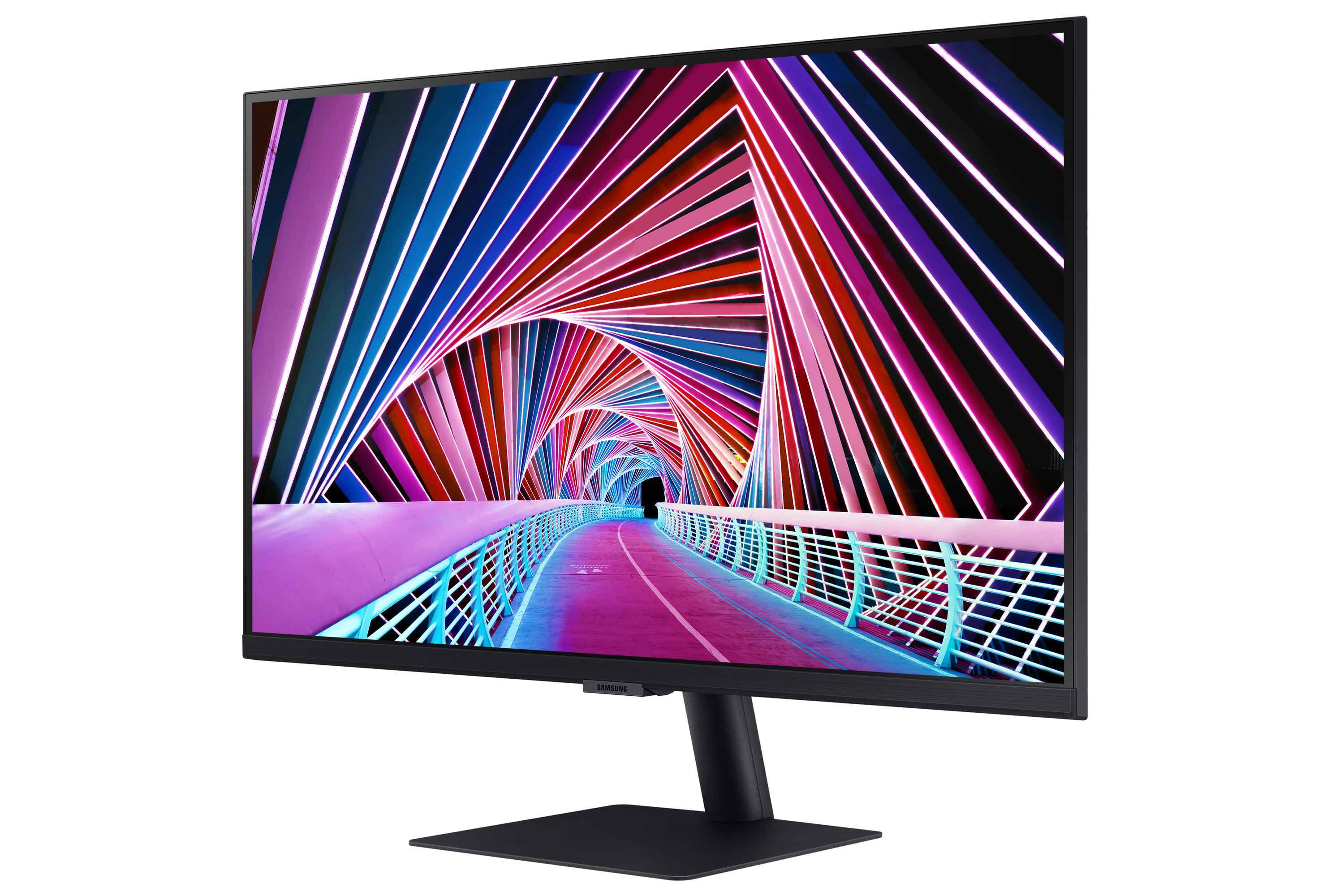 Monitor Samsung, mostra un'immagine di tunnel colorato. Supporto e cornice neri. Sfondo bianco.