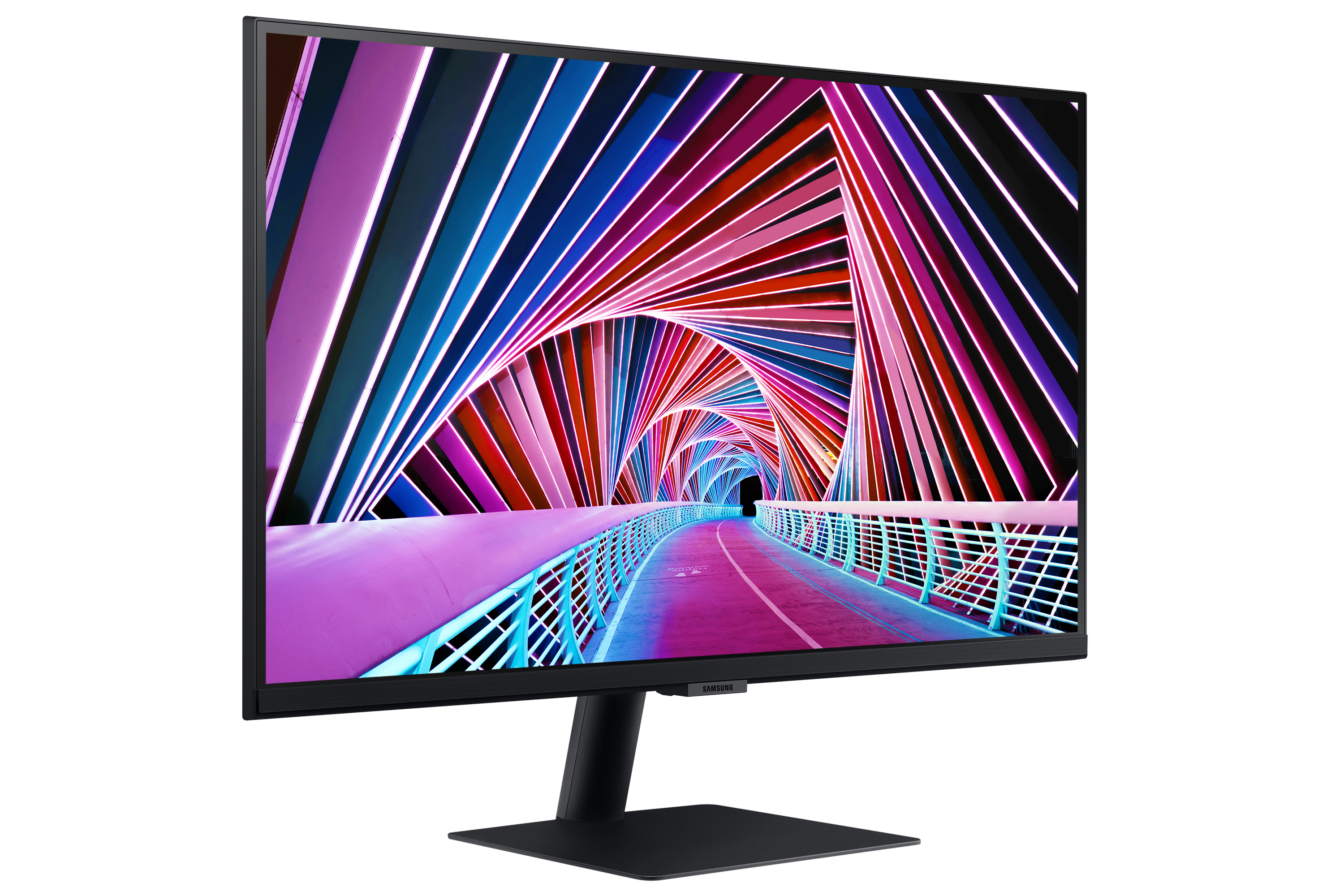 Un monitor mostra una scena di tunnel astratta e colorata. Ha un supporto nero.