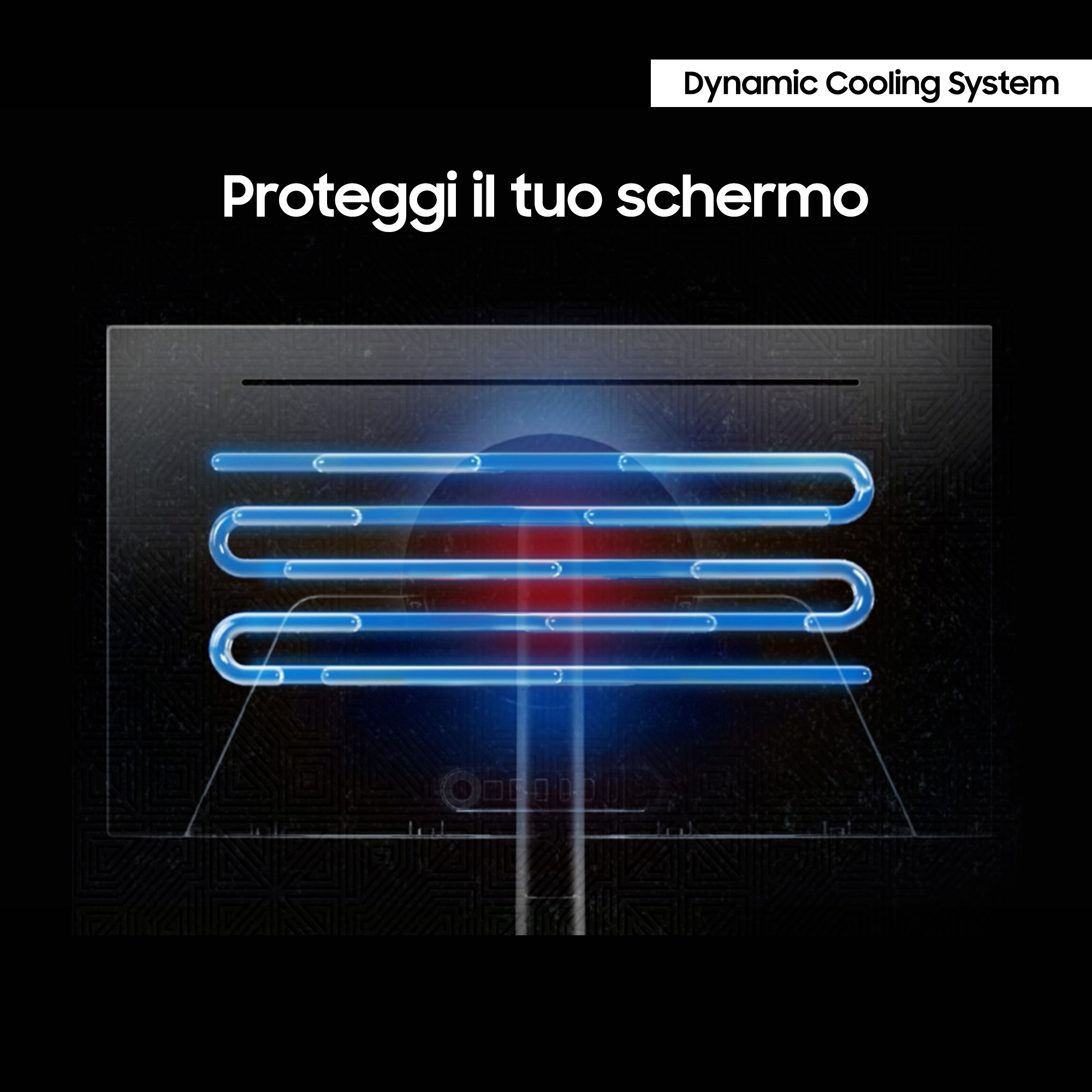 Niebieski wykres systemu chłodzenia z czerwonym obszarem ciepła, tekst 'Proteggi il tuo schermo'.