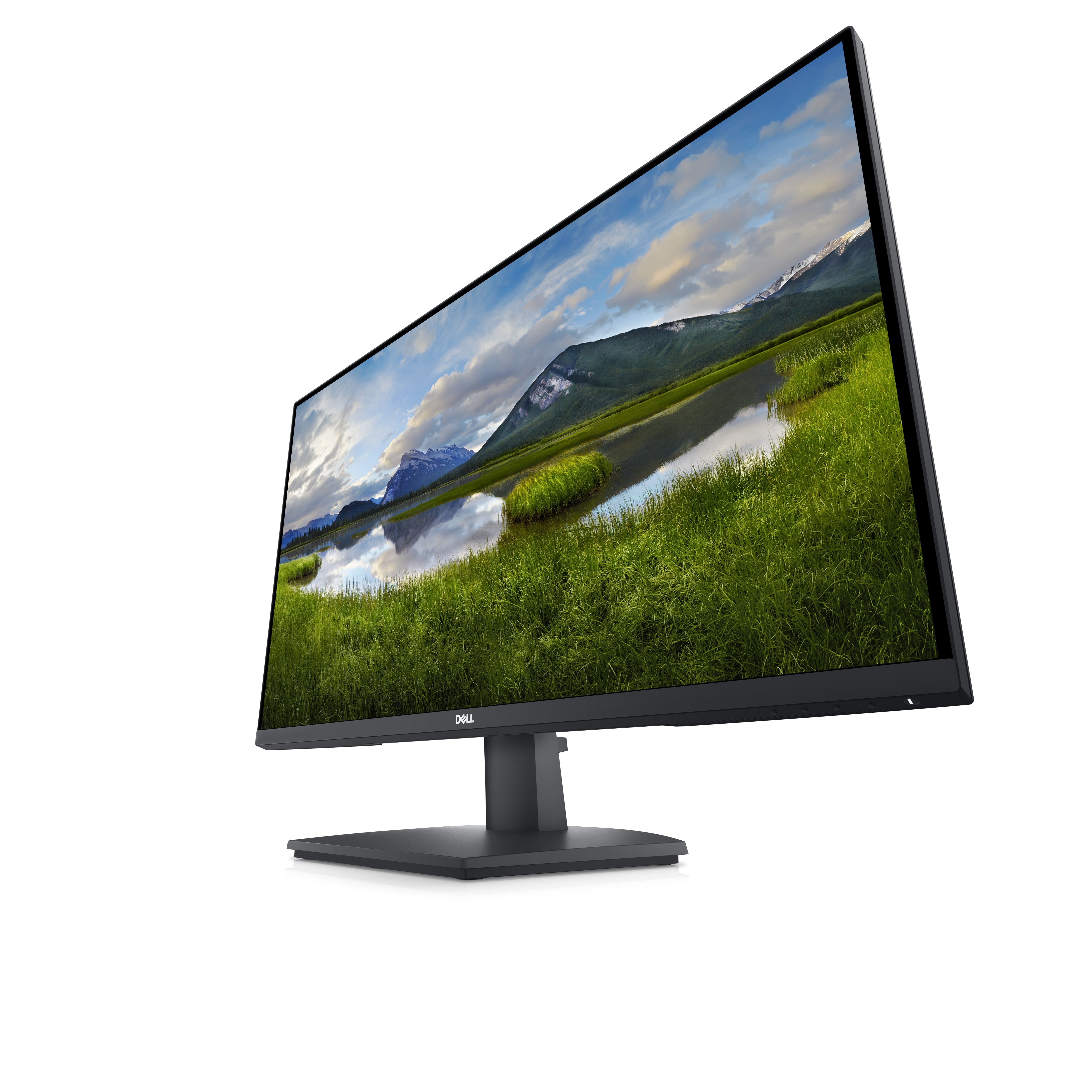 Ein Computermonitor zeigt eine Landschaftsszene mit Bergen und Wasser vor weißem Hintergrund.