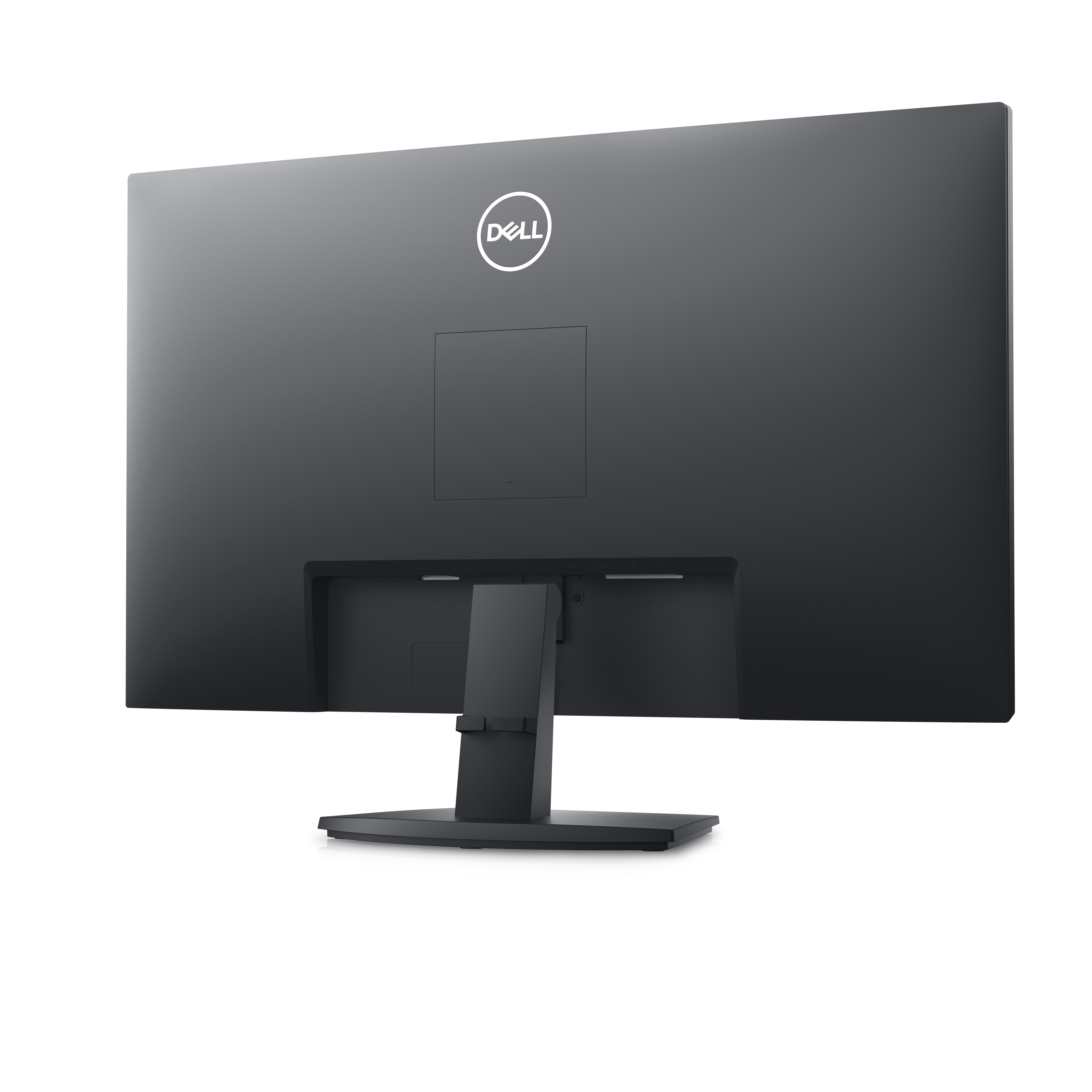Rückansicht eines schwarzen Dell-Monitors. Dell-Logo oben sichtbar.
