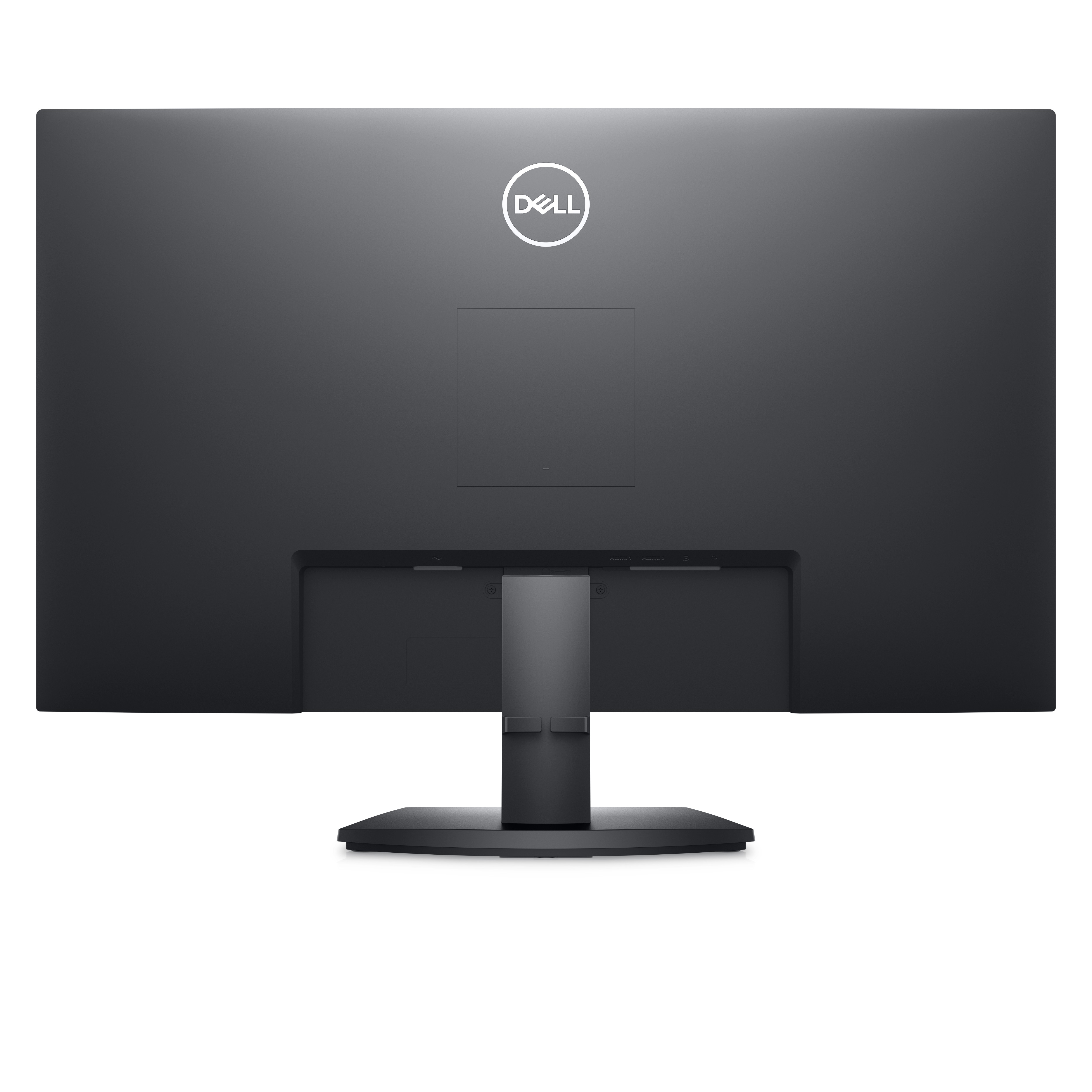 Rückansicht eines schwarzen Dell-Monitors mit Dell-Logo, Ständer und sichtbaren Anschlüssen.
