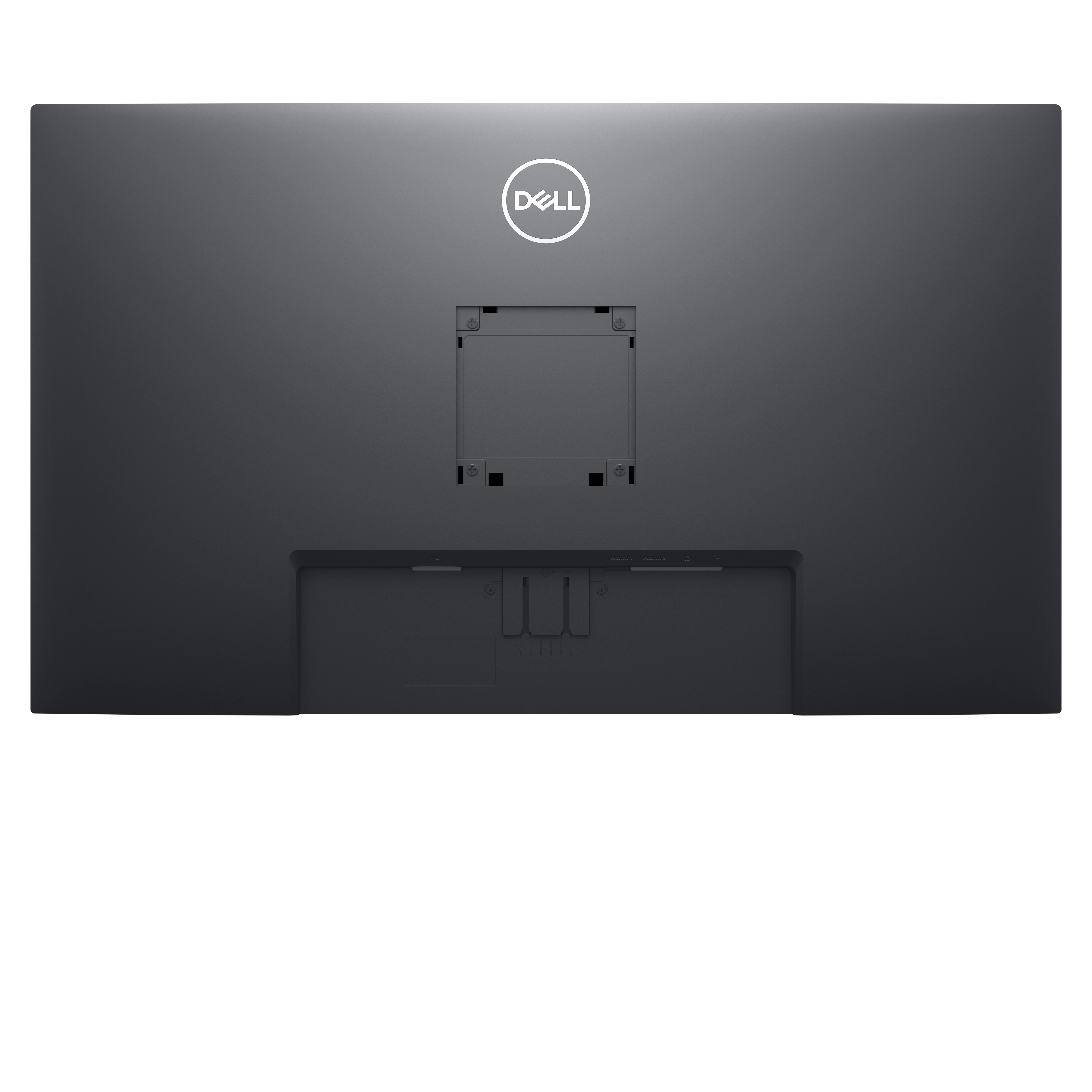 Rückseite eines schwarzen Computermonitors. Dell-Logo. Weißer Hintergrund.
