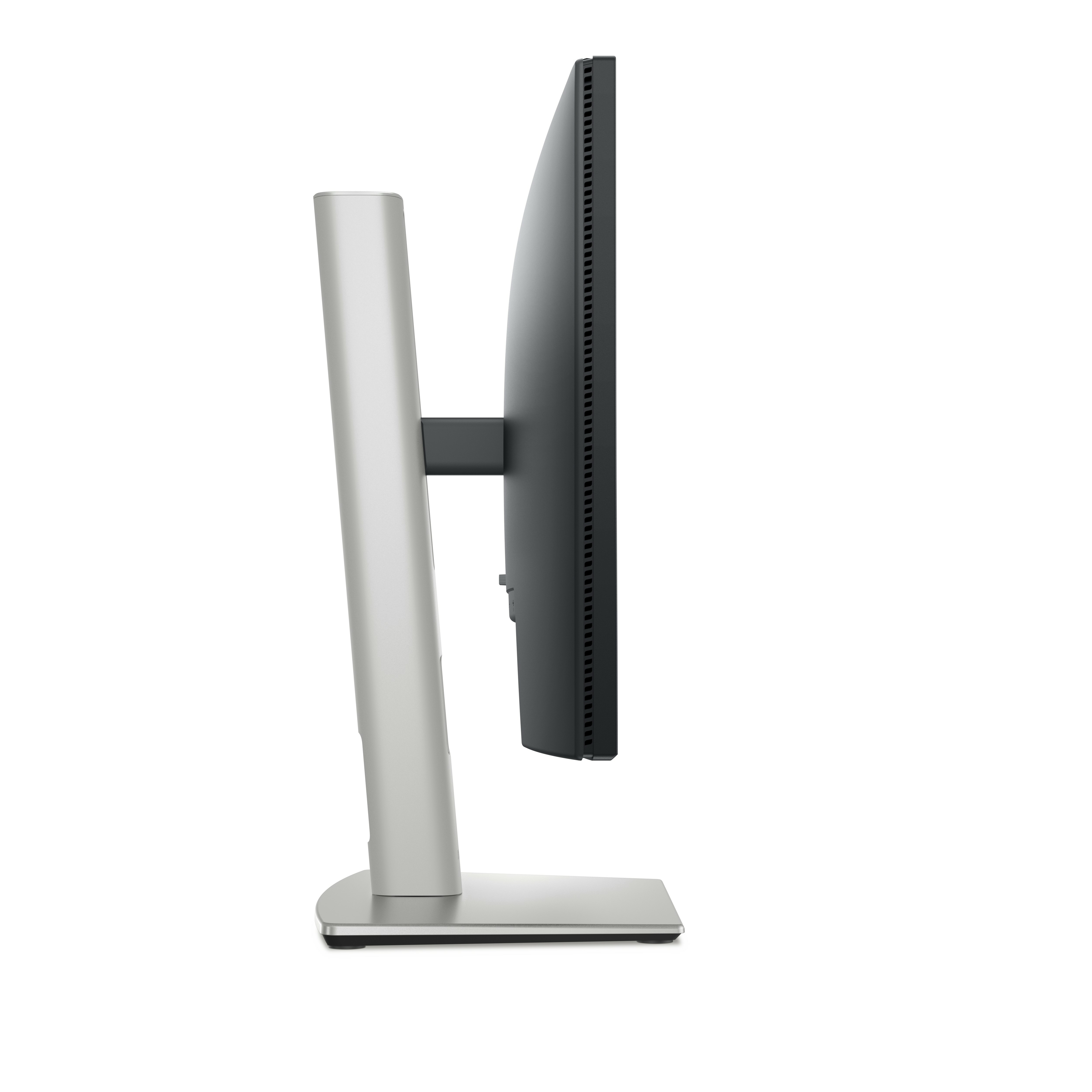Widok z boku srebrnego i czarnego monitora ze stojakiem, na białym tle.