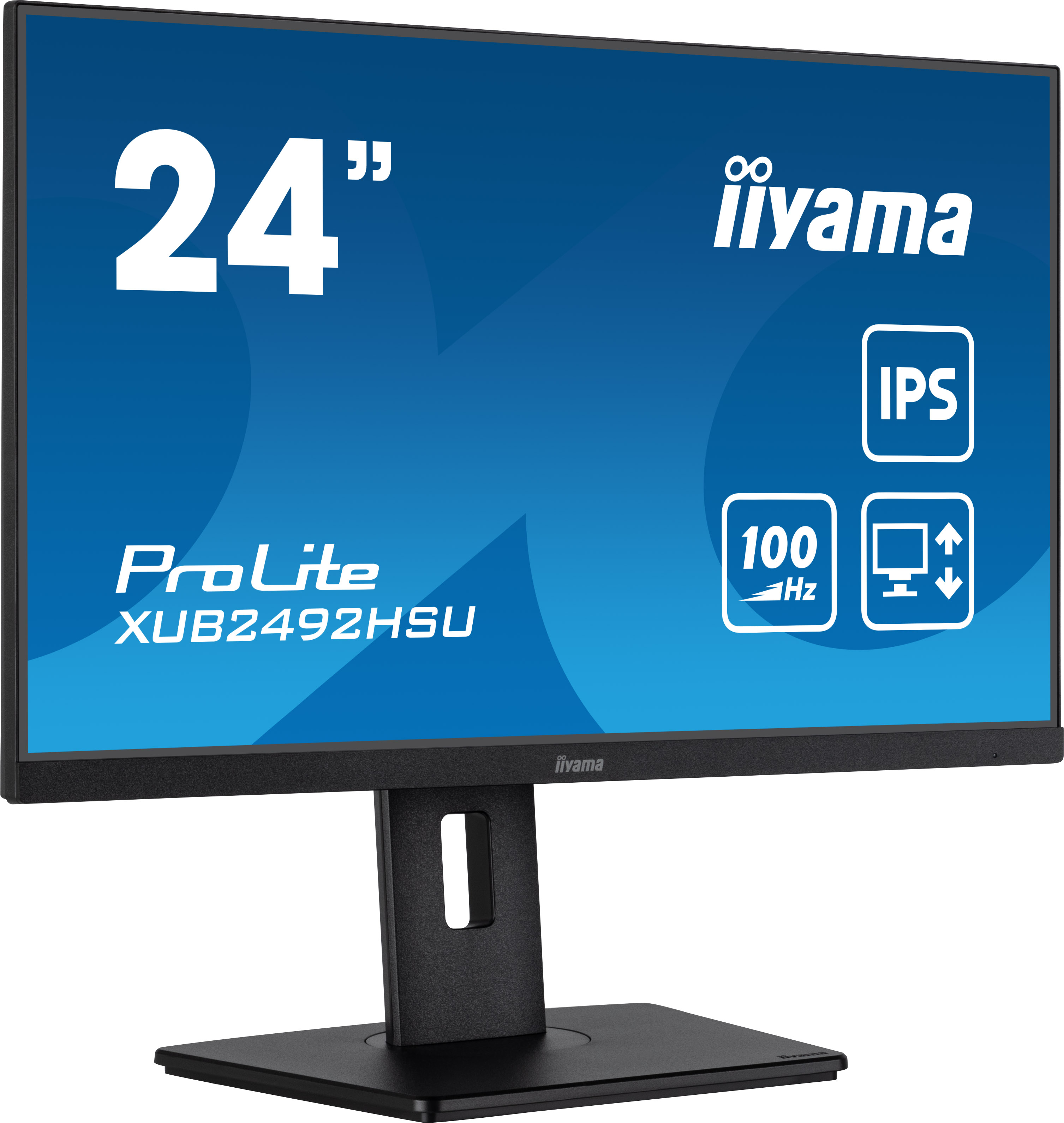 24-calowy monitor z logo iiyama. Czarna podstawa i panel IPS. Częstotliwość odświeżania 100 Hz.