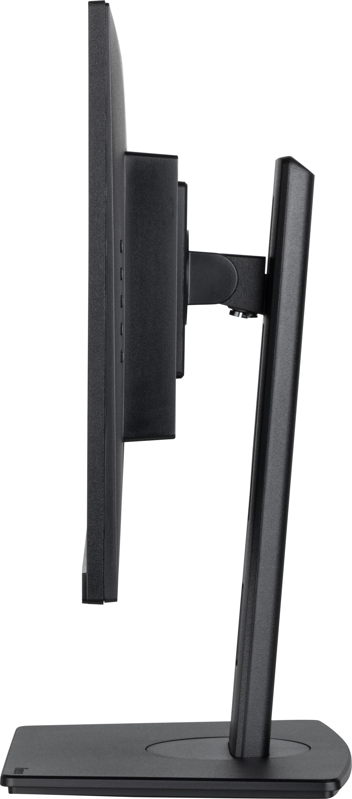 Widok z boku czarnego monitora komputera na stojaku. Szary stojak.