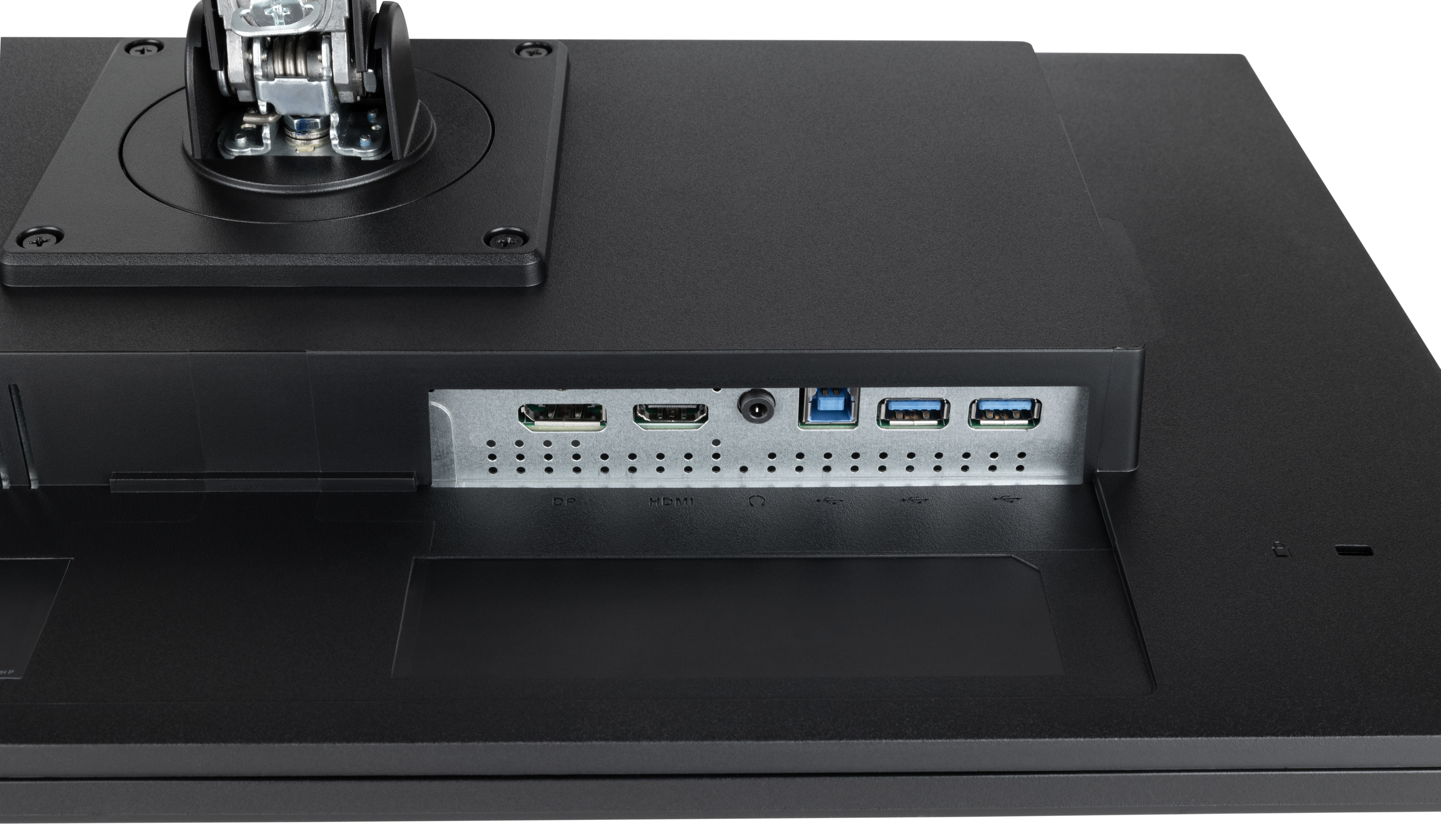 Zbliżenie portów monitora, pokazujące gniazda HDMI, USB i inne połączenia.