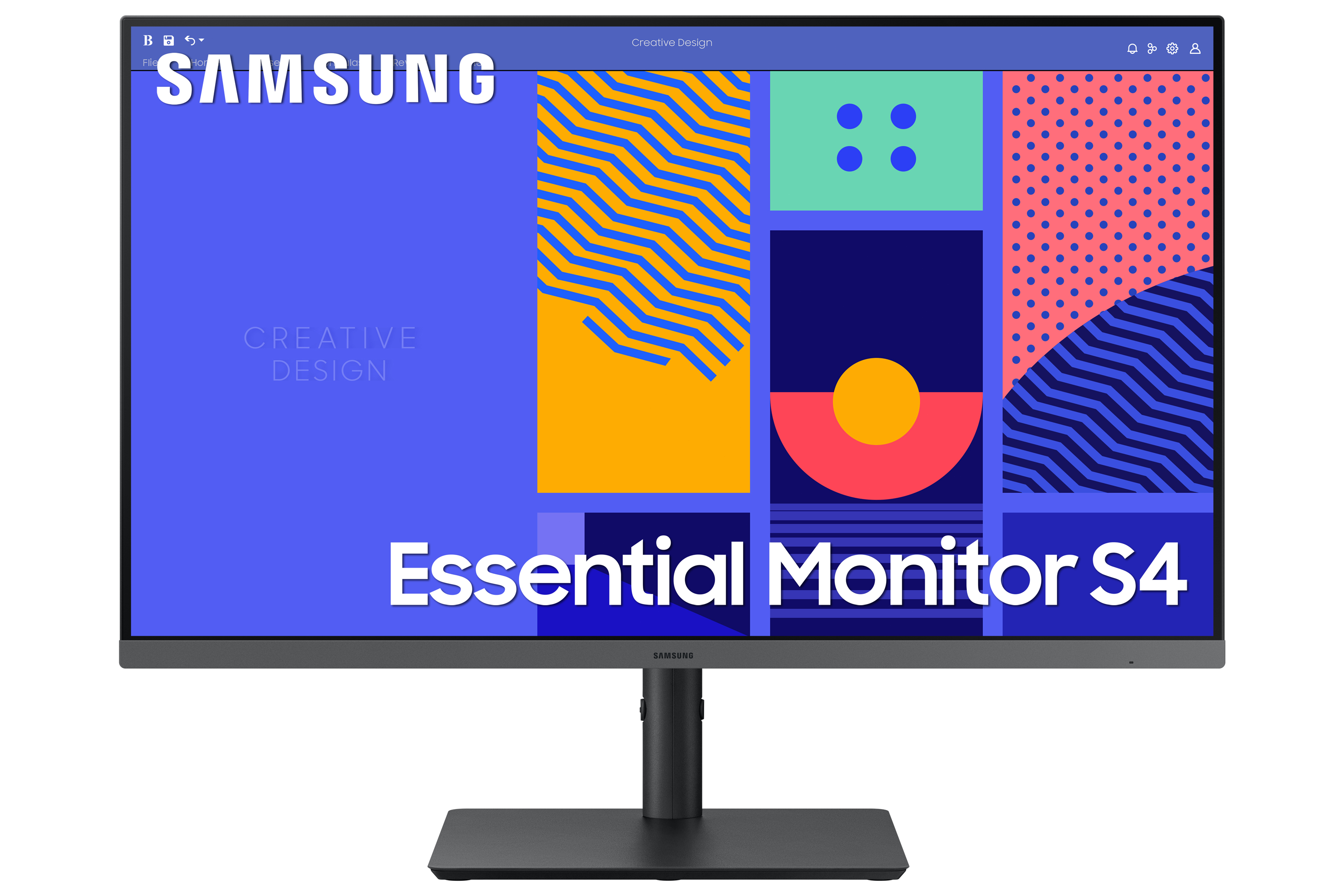 SAMSUNG Essential Monitor S4 su sfondo bianco. Mostra un design creativo. Supporto nero, sfondo blu.