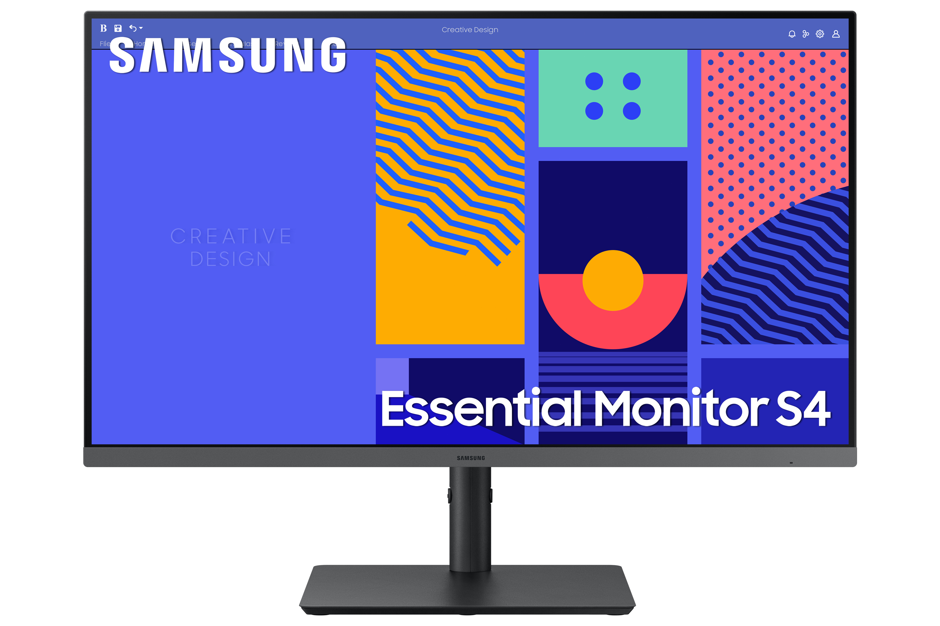 Monitor Samsung che mostra un design colorato con testo.