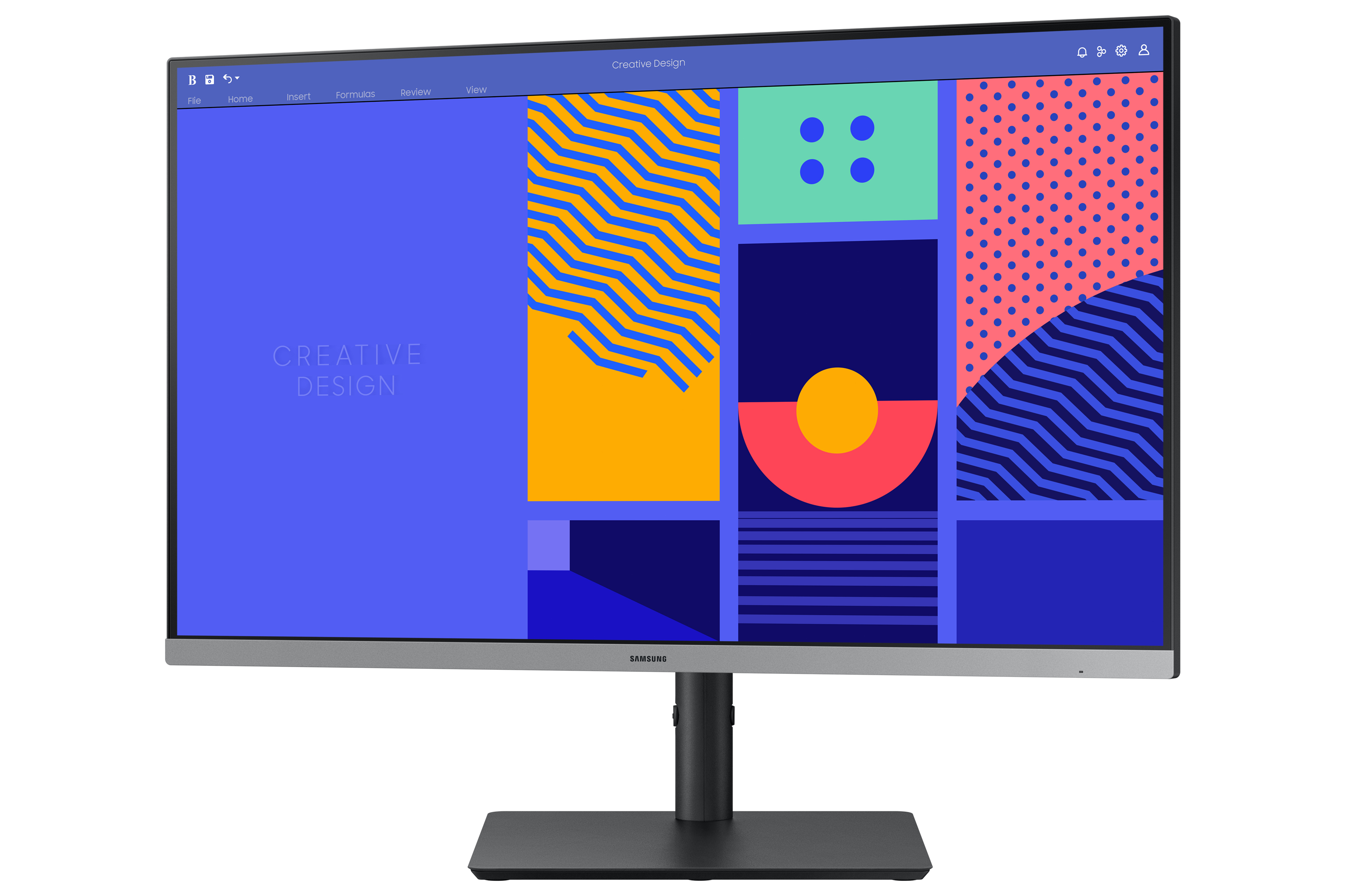 Un monitor Samsung con supporto nero. Lo schermo mostra un design creativo con forme colorate.
